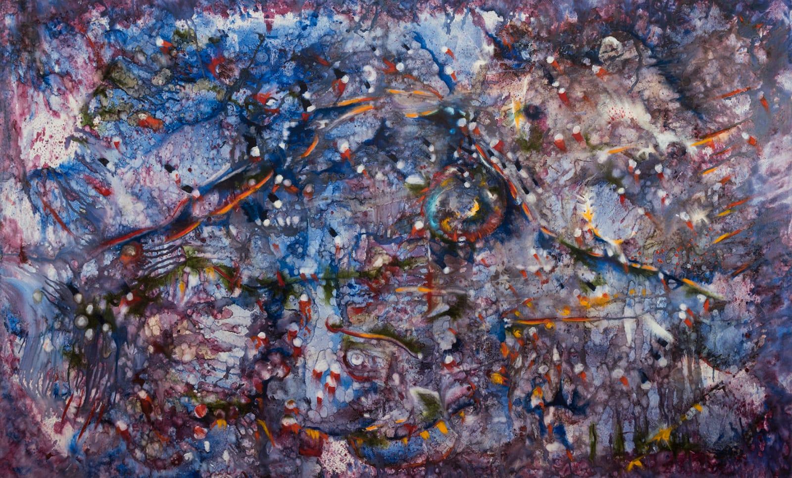 Abstract Painting di Vatche Geuvdjelian  - Marin COSMOS Grande Blu Viola Rosso tela astratta ad olio Artista armeno VATCHE