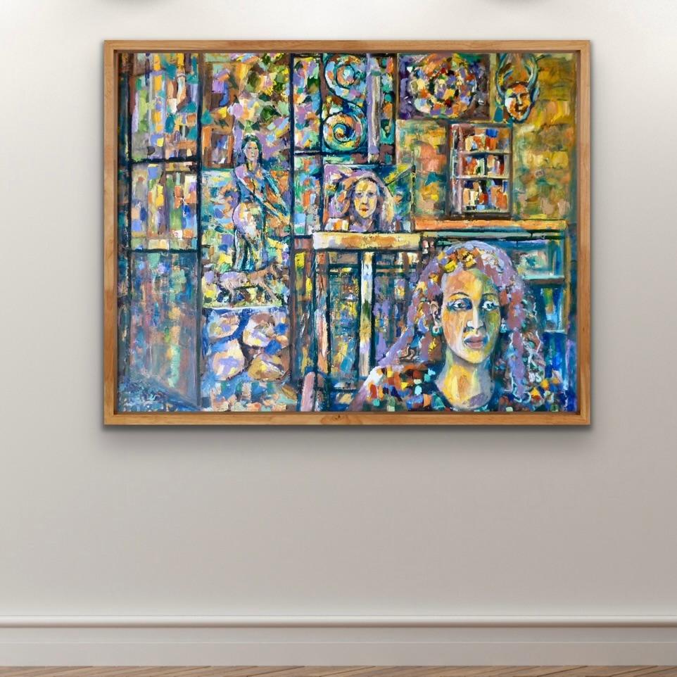 Visitor In My Studio 2021 colorful oil on canvas abstract Armenian Artist VATCHE - Surrealist Painting by Vatche Geuvdjelian 