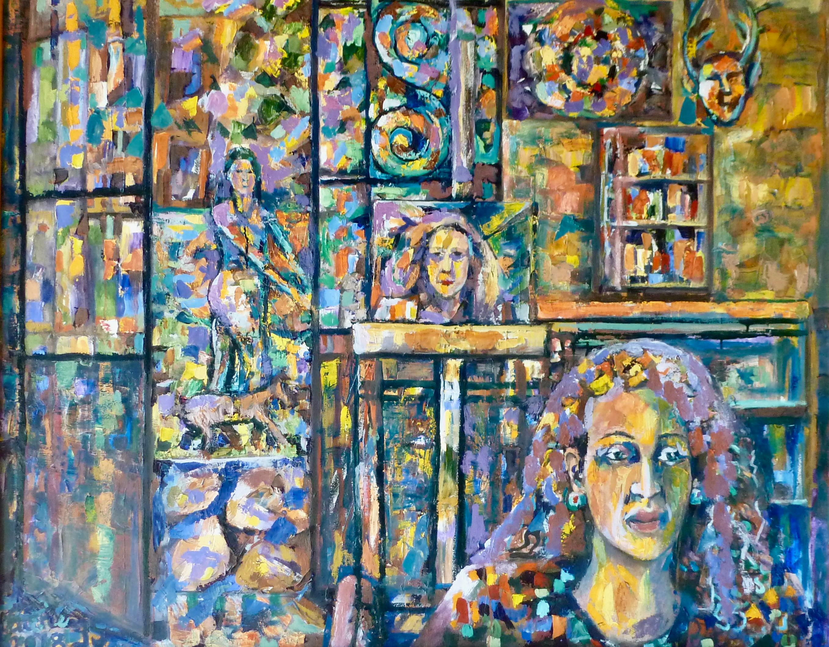 Vatche Geuvdjelian  Abstract Painting – „Visitor In My Studio“ 2021, farbenfrohes Ölgemälde auf Leinwand, abstrakter armenischer Künstler