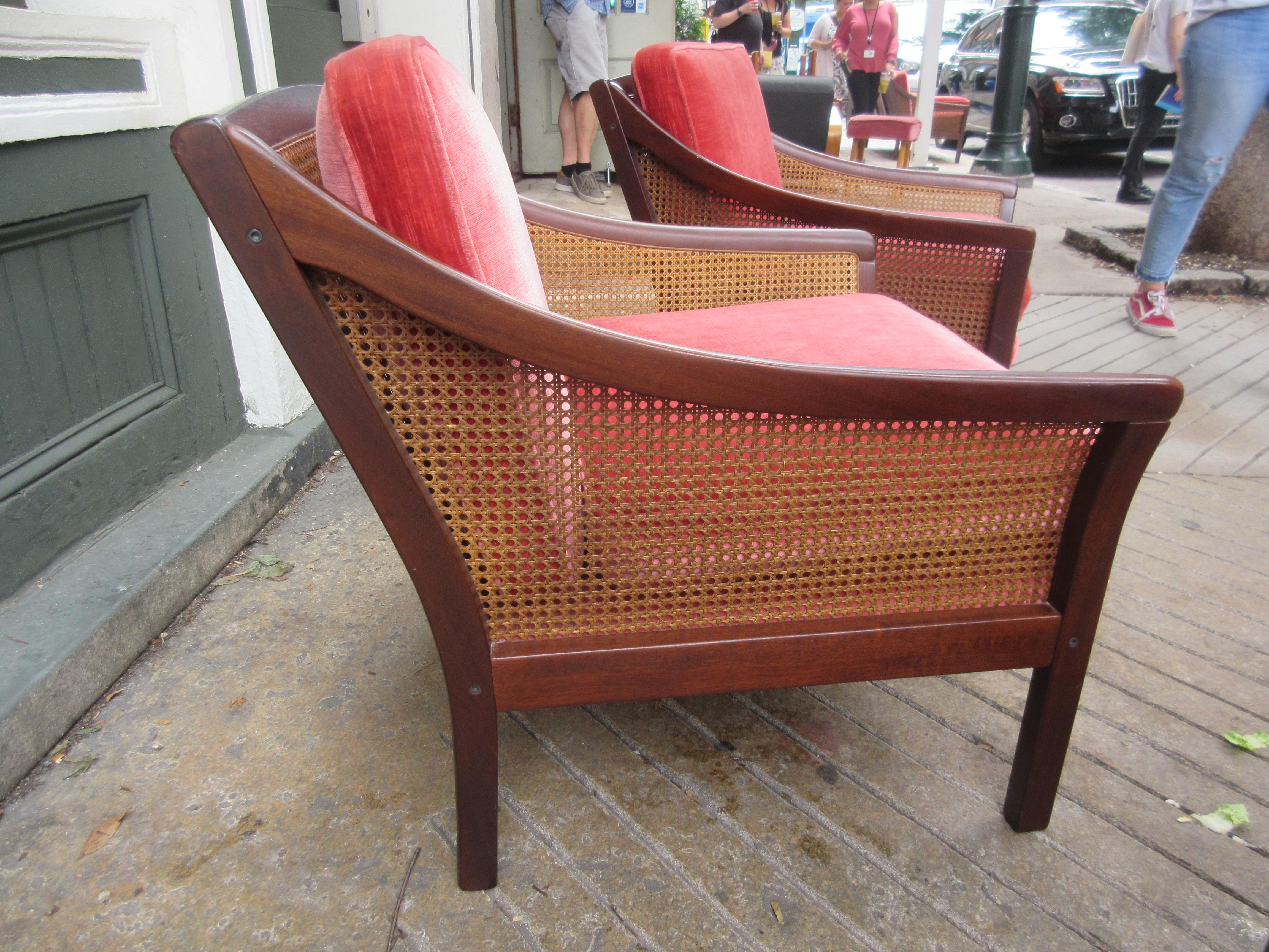 Vatne Møbler teak and cane lounge chairs with original raspberry mohair cushions. In addition to the three chairs priced separately there is a three-seat sofa (pictured) available for $1800. Cushions are in incredible original condition. A copy of