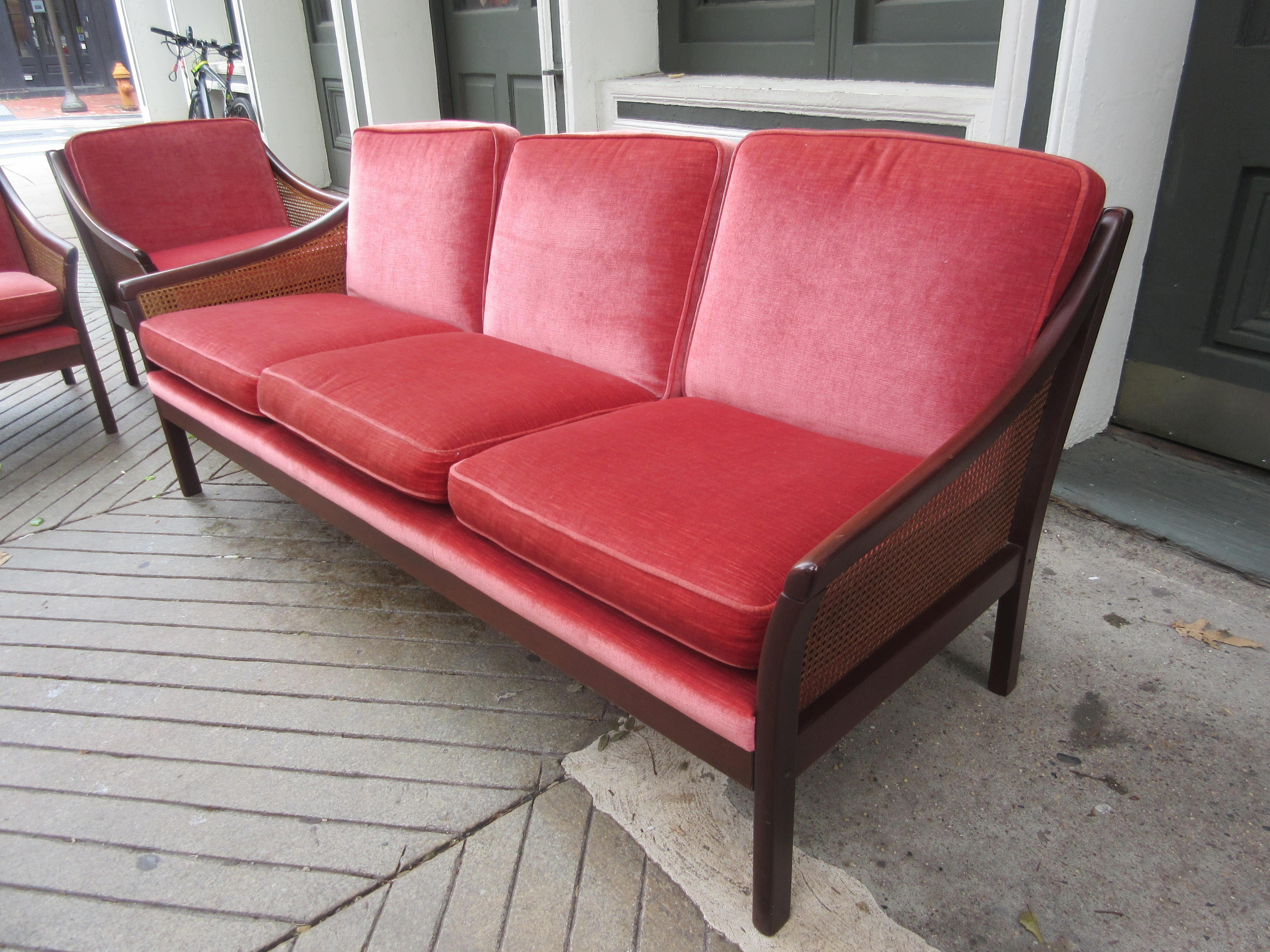 Vatne Mobler mahogany sofa with raspberry mohair cushions and cane sides and back. We have original documentation and bill of sale from Dane decor in 1979 listing a $2175 price tag. Everything is in excellent original condition with no wear or