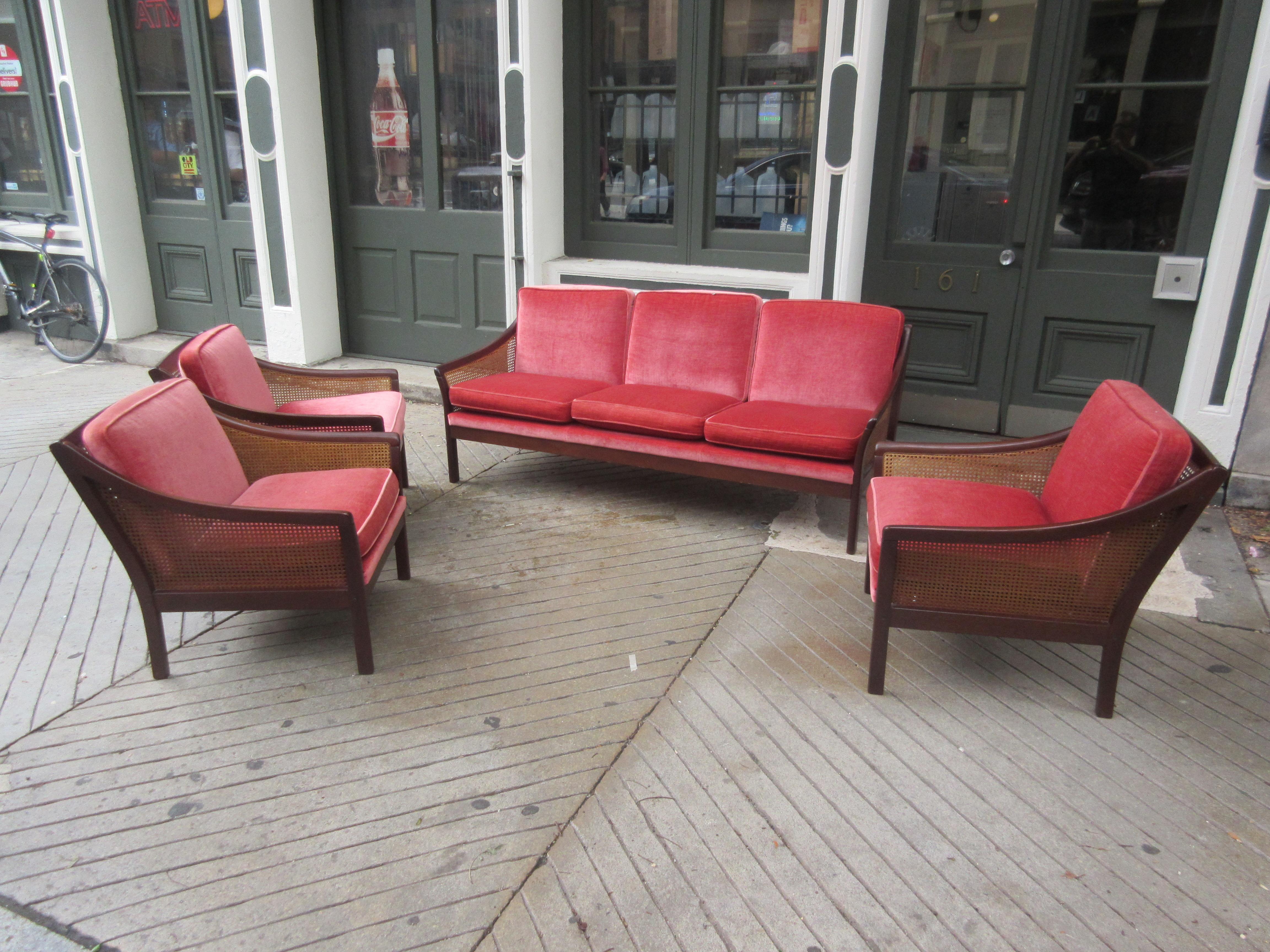 Scandinavian Modern Vatne Mobler Mahogany Sofa with Mohair Cushions