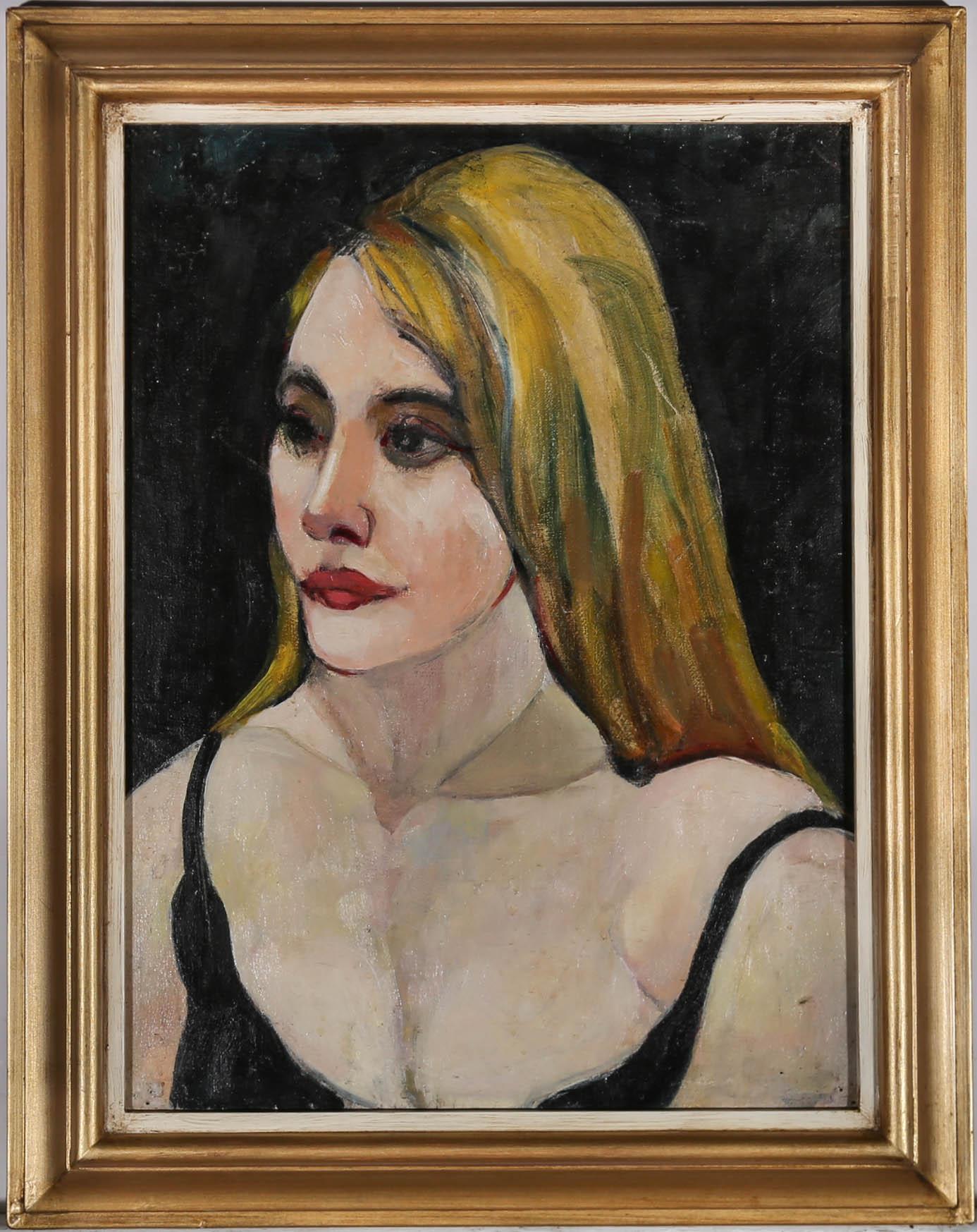 A wonderful contemporary portrait of a young woman with long blonde hair. Well presented in a contemporary gilt affect frame. Inscribed 'Vaughan' to the reverse. On canvas on stretchers.
