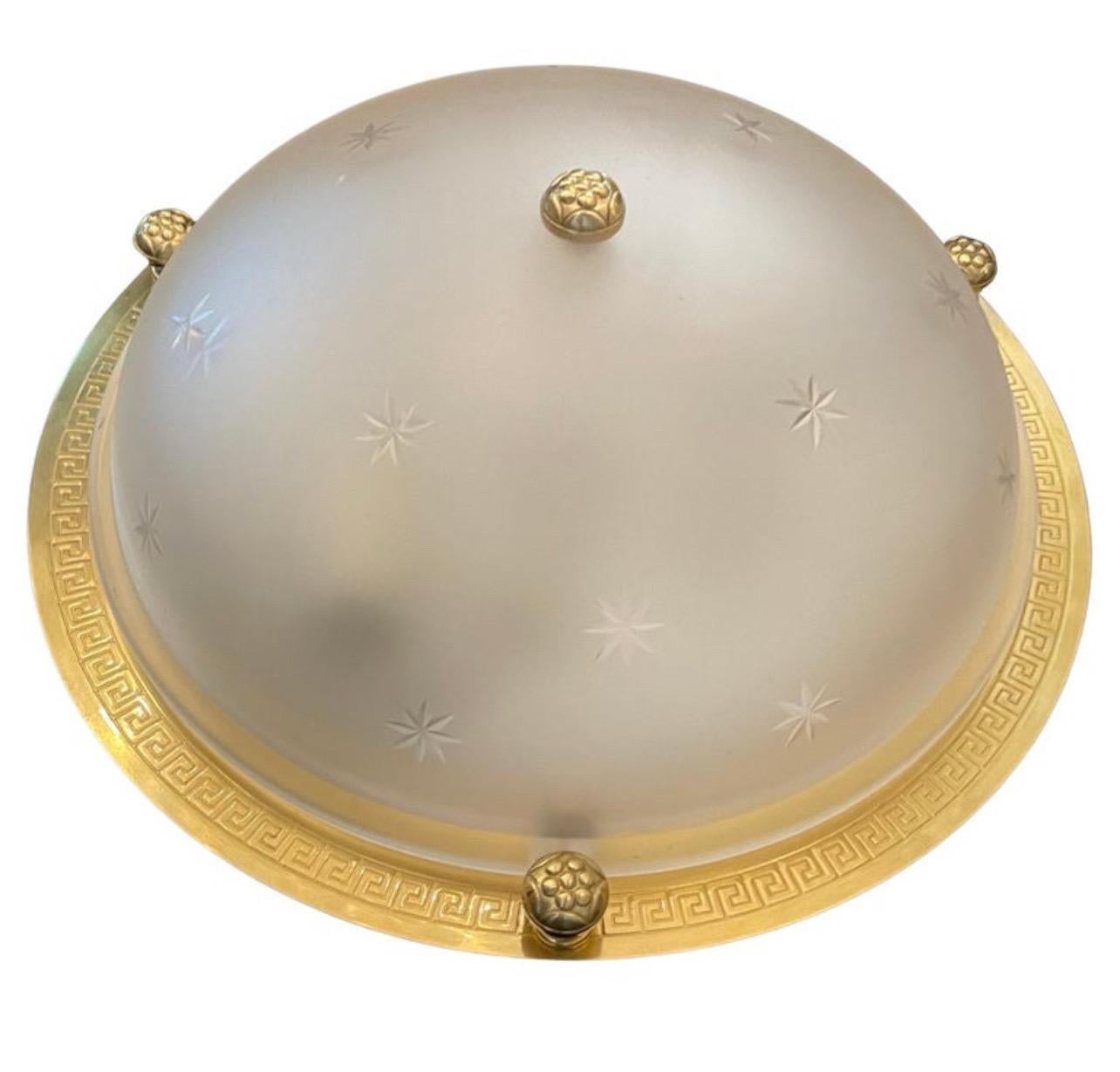 A Wonderful Pair Of Vaughan Regency Greek Key Brass Rim With Star Pattern Glass / Crystal Frosted Shade Flush Mount Ceiling Fixture With 2 Candelabra sockets

*Each Fixture Sold Separately, 2 Currently Available