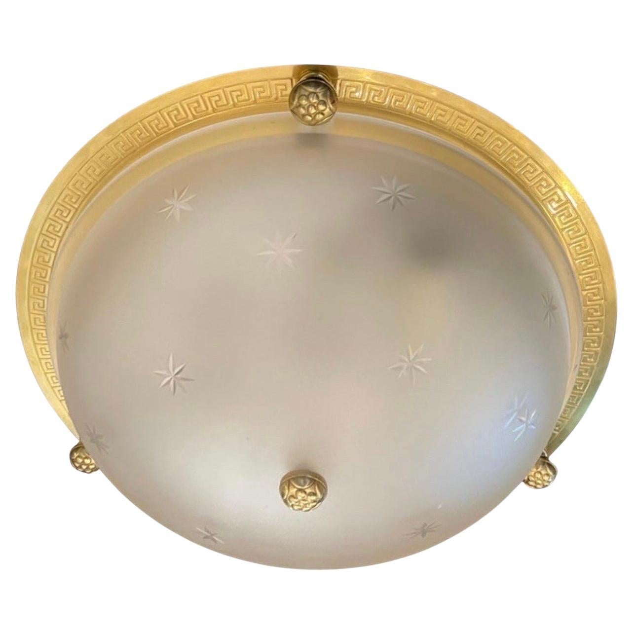Vaughan Pair Regency Greek Key Brass Star Frosted Glass Flush Mount 2 Fixtures For Sale