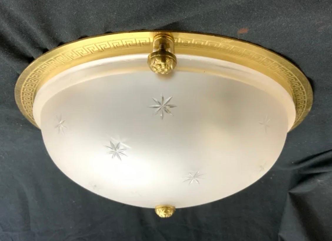 20th Century Vaughan Regency Greek Key Brass Star Frosted Glass Crystal Flush Mount Fixture For Sale