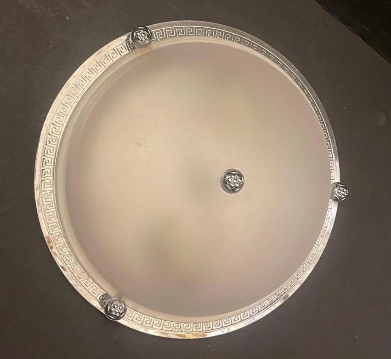 Brass Vaughan Regency Greek Key Polished Nickel Frosted Glass Flush Mount Fixture For Sale