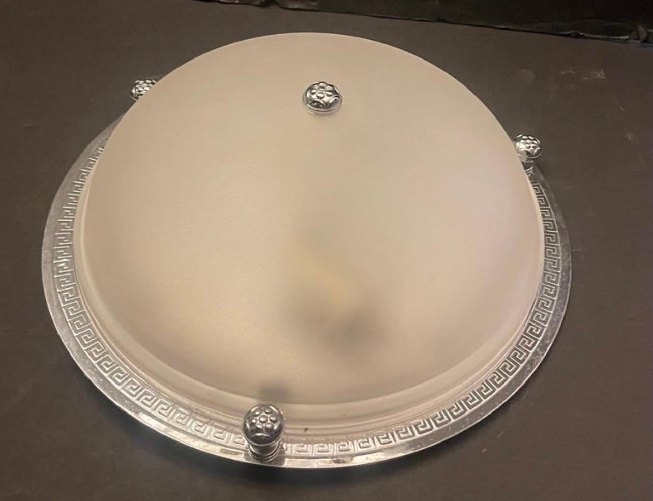 Vaughan Regency Greek Key Polished Nickel Frosted Glass Flush Mount Fixture For Sale 1
