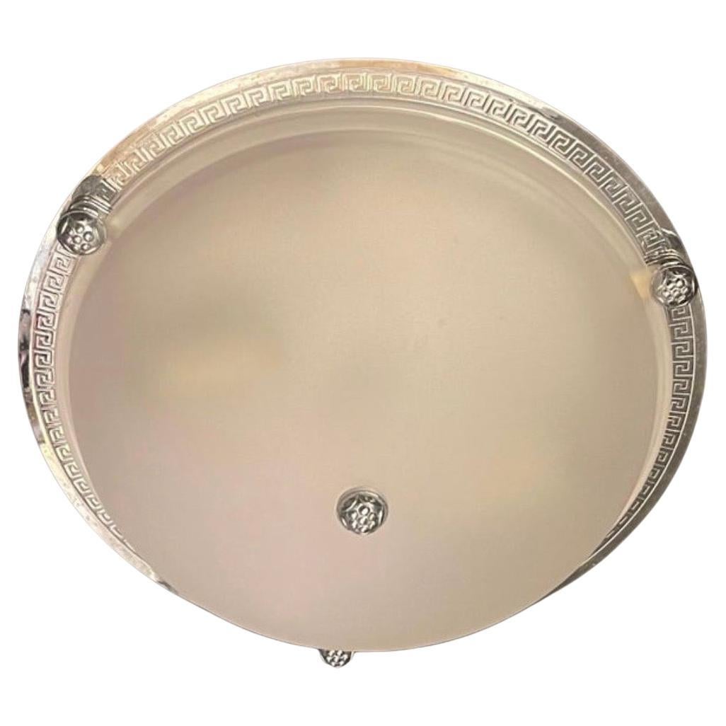 Vaughan Regency Greek Key Polished Nickel Frosted Glass Flush Mount Fixture For Sale