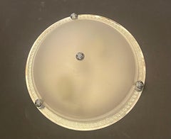 Vaughan Regency Pair Greek Key Polished Nickel Frosted Glass Flush Mount Fixture