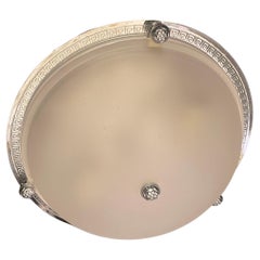 Used Vaughan Regency Pair Greek Key Polished Nickel Frosted Glass Flush Mount Fixture
