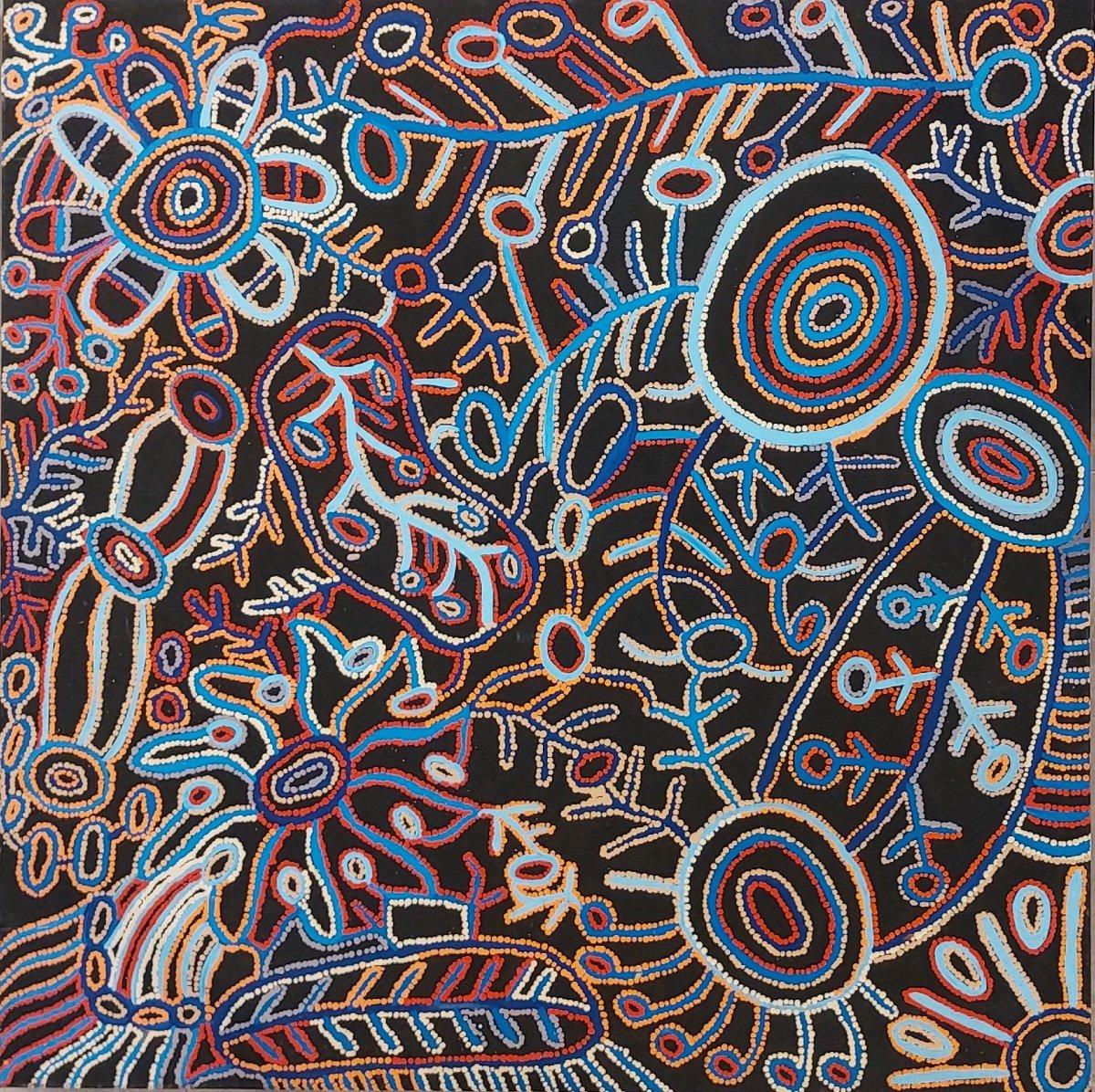Peint à la main 'Vaughan Springs Dreaming Pikilyi', peinture aborigène de Faye Nangala Hudson en vente