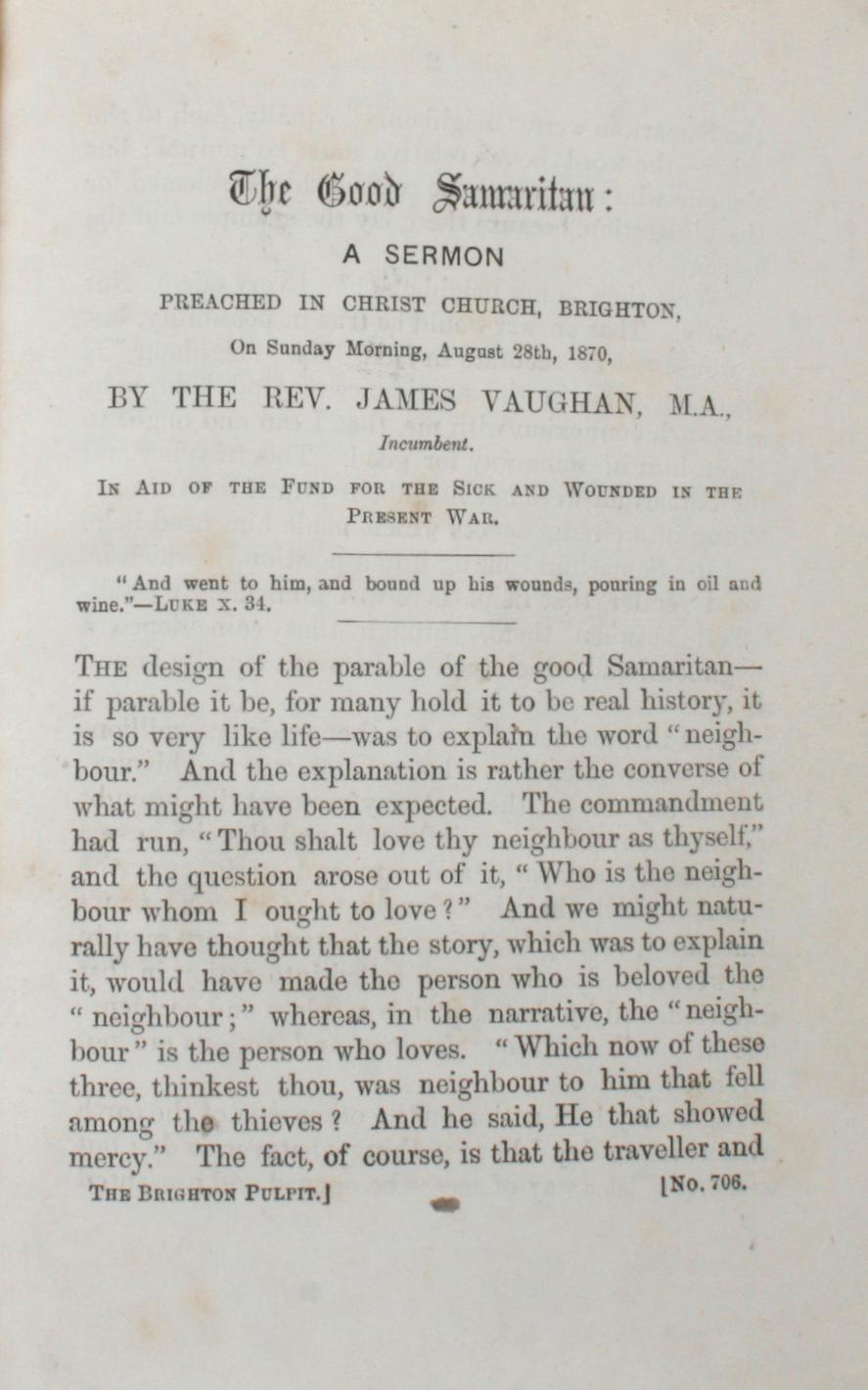 Vaughan's Sermons in two volumes 1870,71,72 and 1873-1874. Brighton: Brighton Pulpit office, no date. Full calf bindings with marbleized edges. Unpaginated. A series of sermons preached by Rev. James Vaughan, M.A. between 1870 and 1874. David James