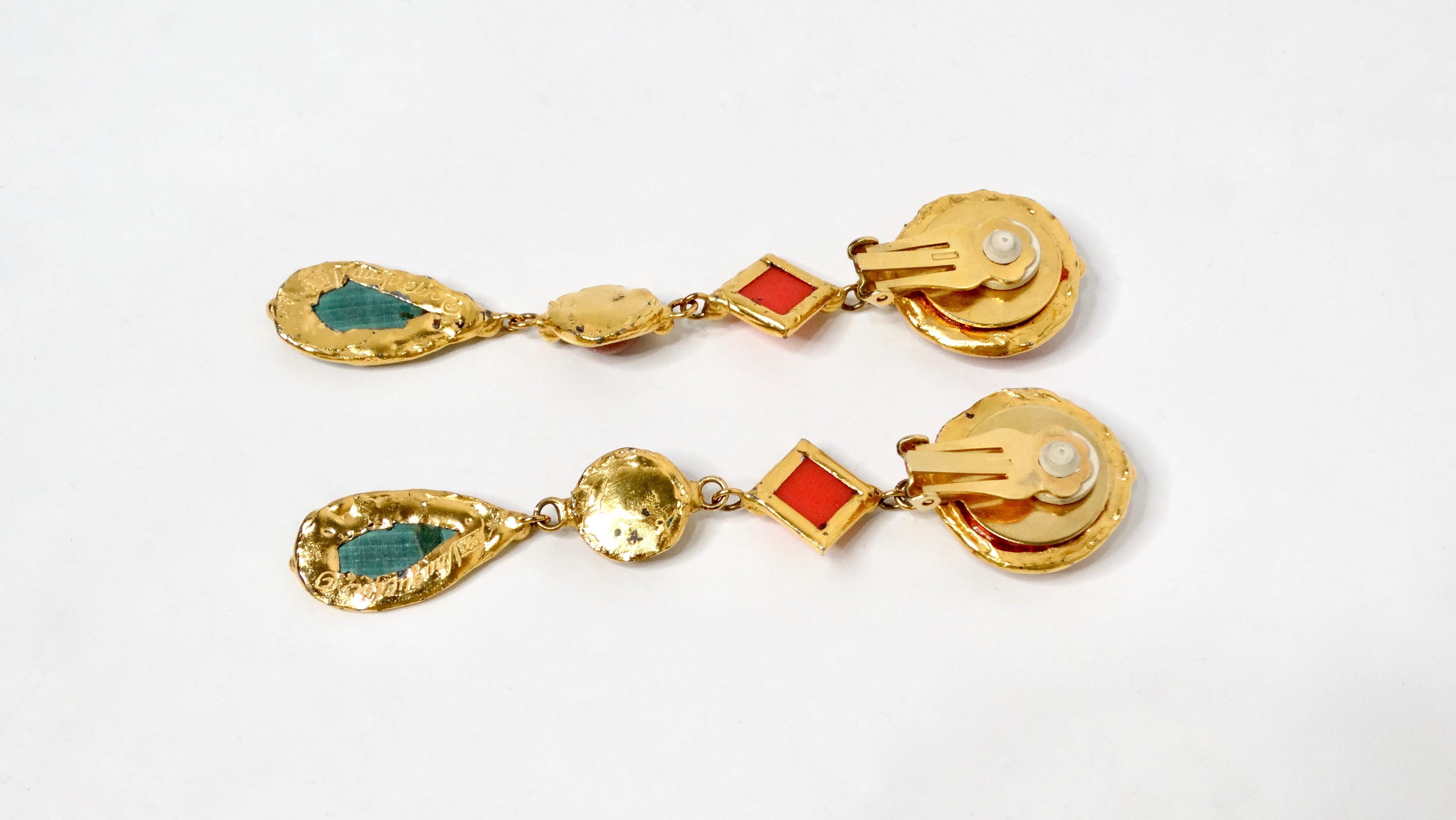 Vauquelin Handmade French Multicolor 18k Gold Plated Dangle Clip-On Earrings In Good Condition For Sale In Scottsdale, AZ