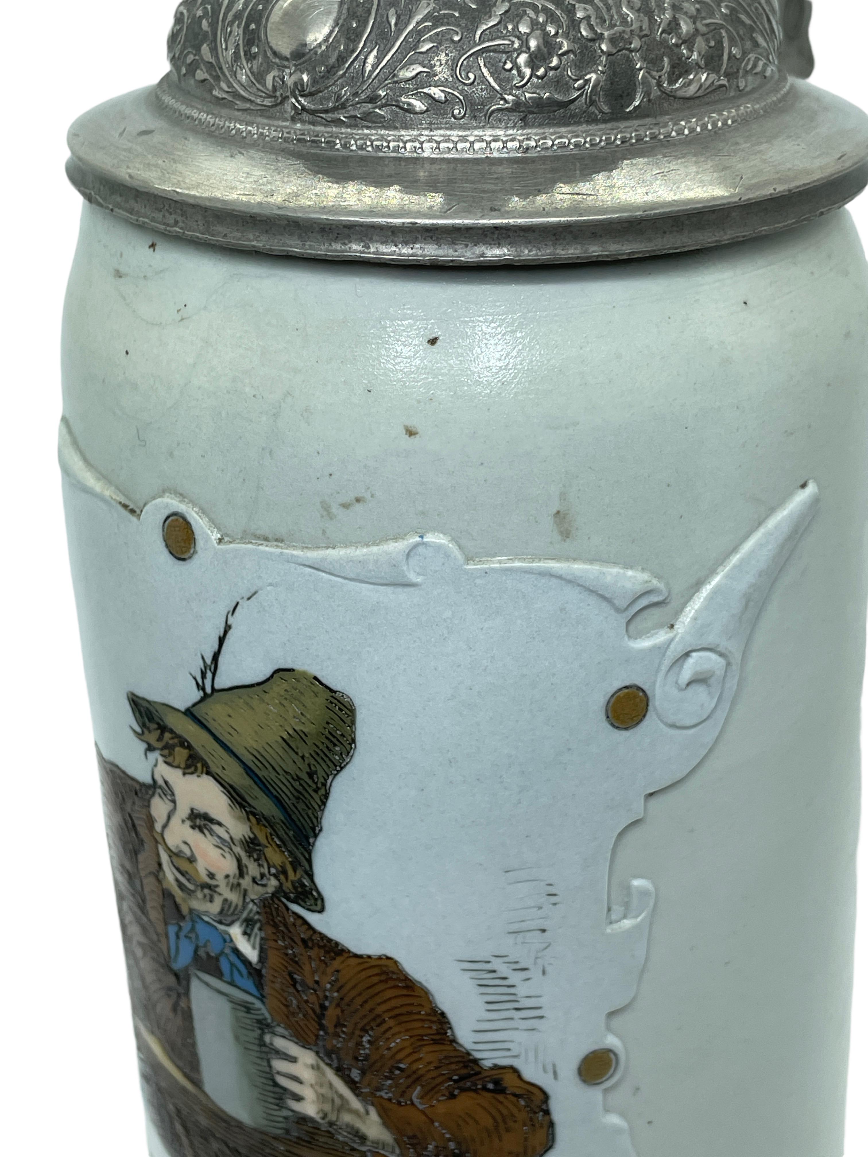 Céramique V&B Villeroy & Boch Mettlach 1 Liter Beer Stein Lidded Antique Germany 1900s en vente
