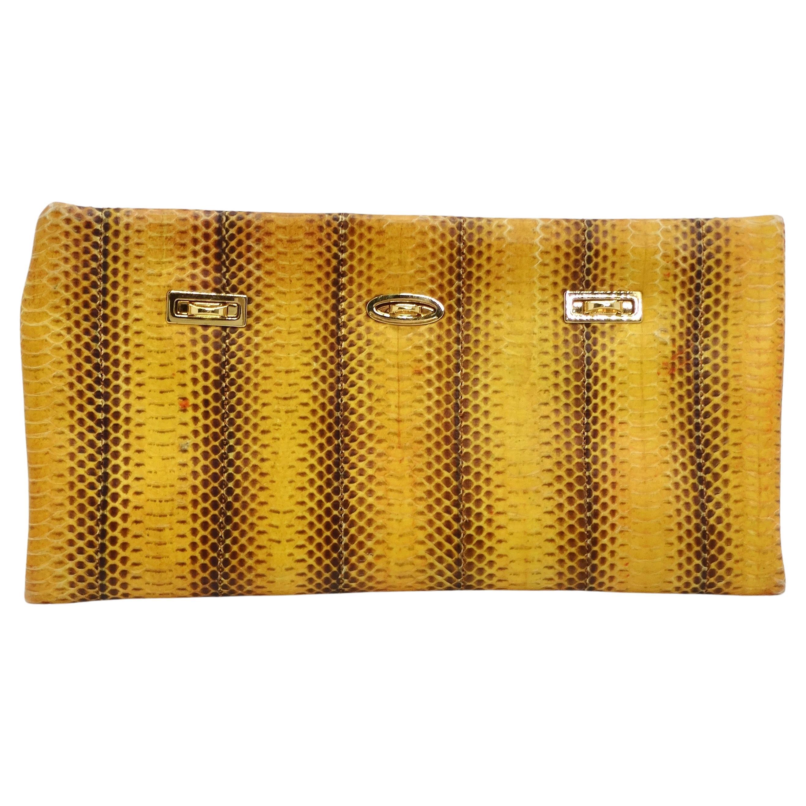 VBH 1980s Yellow Snakeskin Embossed Leather Clutch For Sale