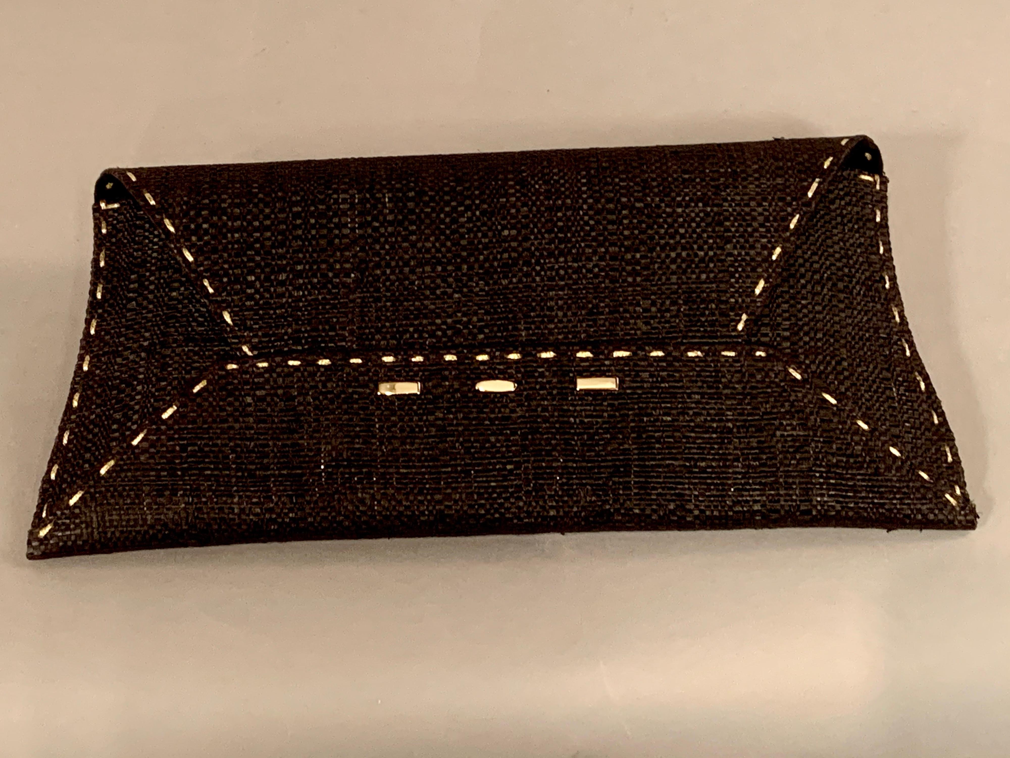 VBH Manila Clutch Black Woven Straw with Gold Accents 3