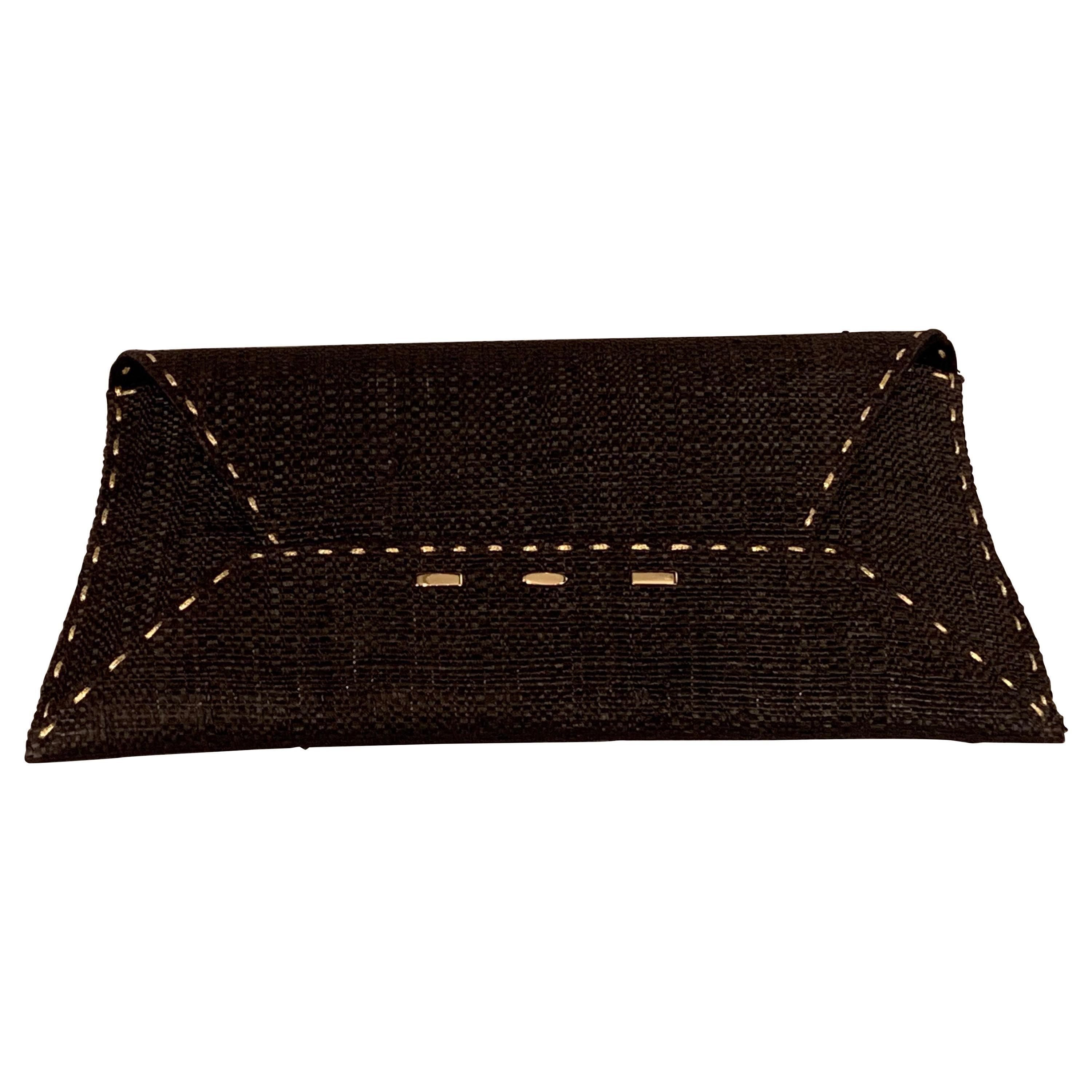 VBH Manila Clutch Black Woven Straw with Gold Accents