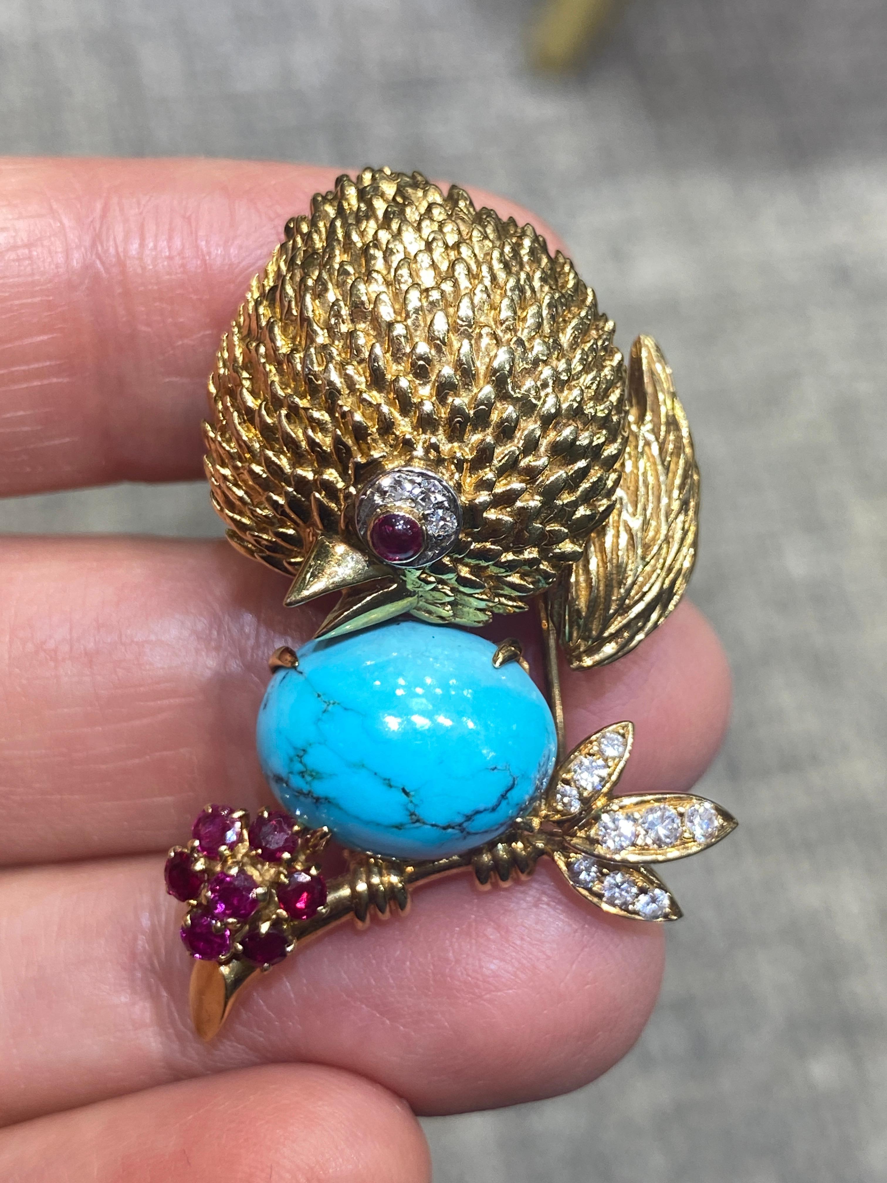 Contemporary VCA 1960s 18k gold, turquoise, ruby and diamond chick brooch For Sale