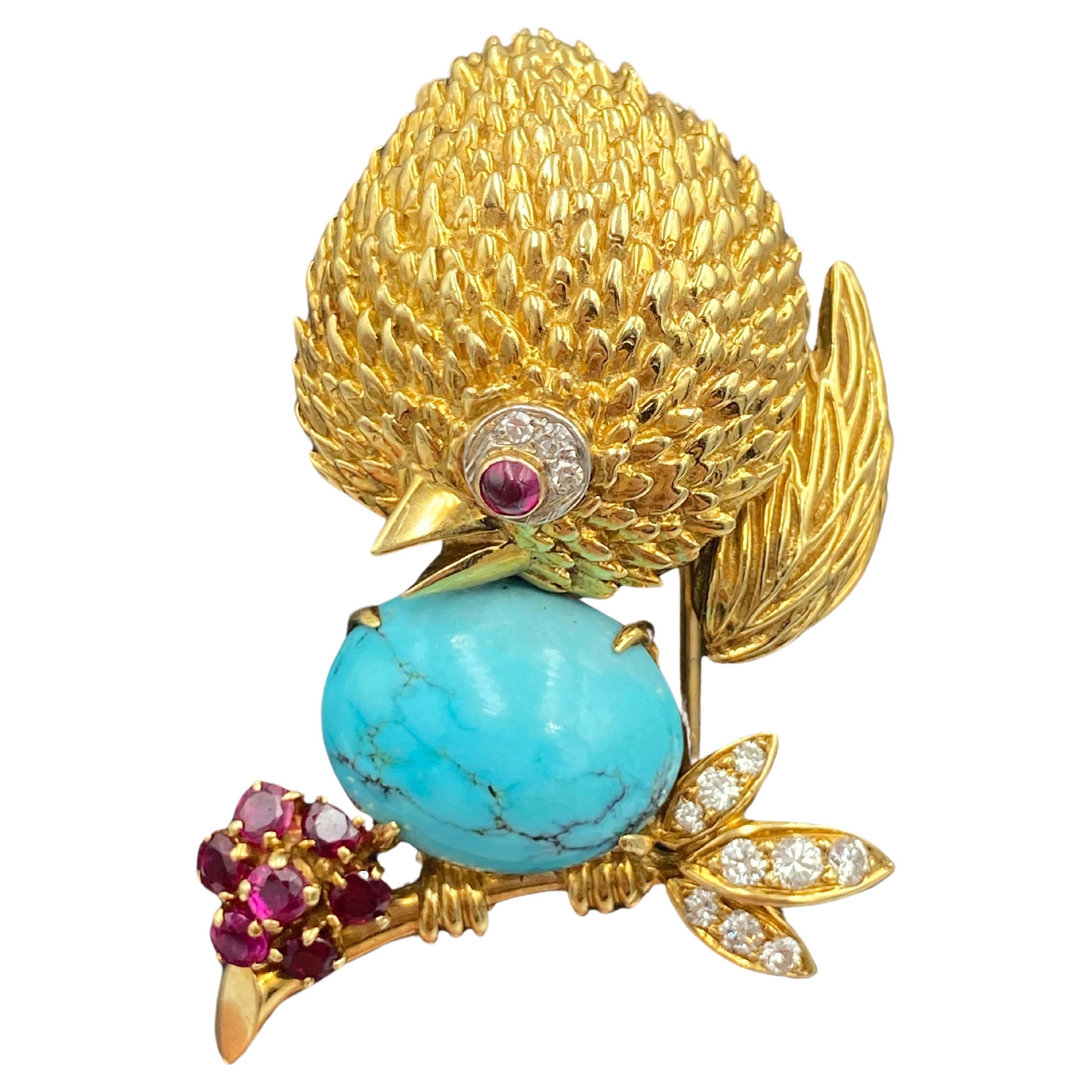 Broche chèvre des années 1960 en or 18 carats, turquoise, rubis et diamants