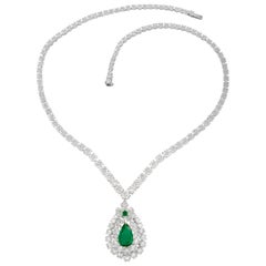 Retro VCA 3.83ct Colombian Emerald and Diamond Platinum Necklace with French Hallmarks