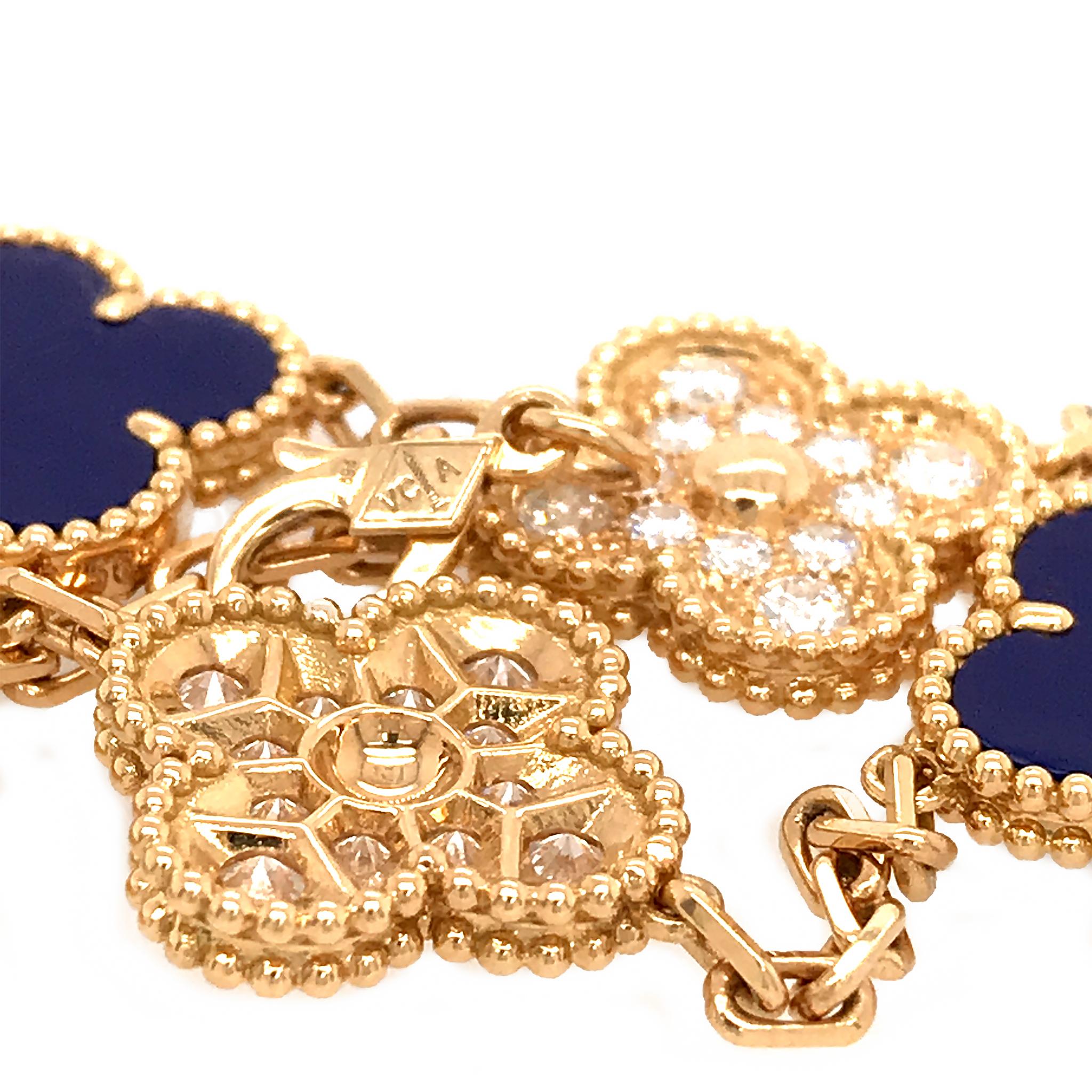 For the 50th anniversary, Van Cleef & Arpels released a small, limited collection of pieces, one of which was the 5 motif bracelet in lapis lazuli and diamonds. The gorgeous lapis stone hasn’t been seen in the Alhambra collection since Jacques
