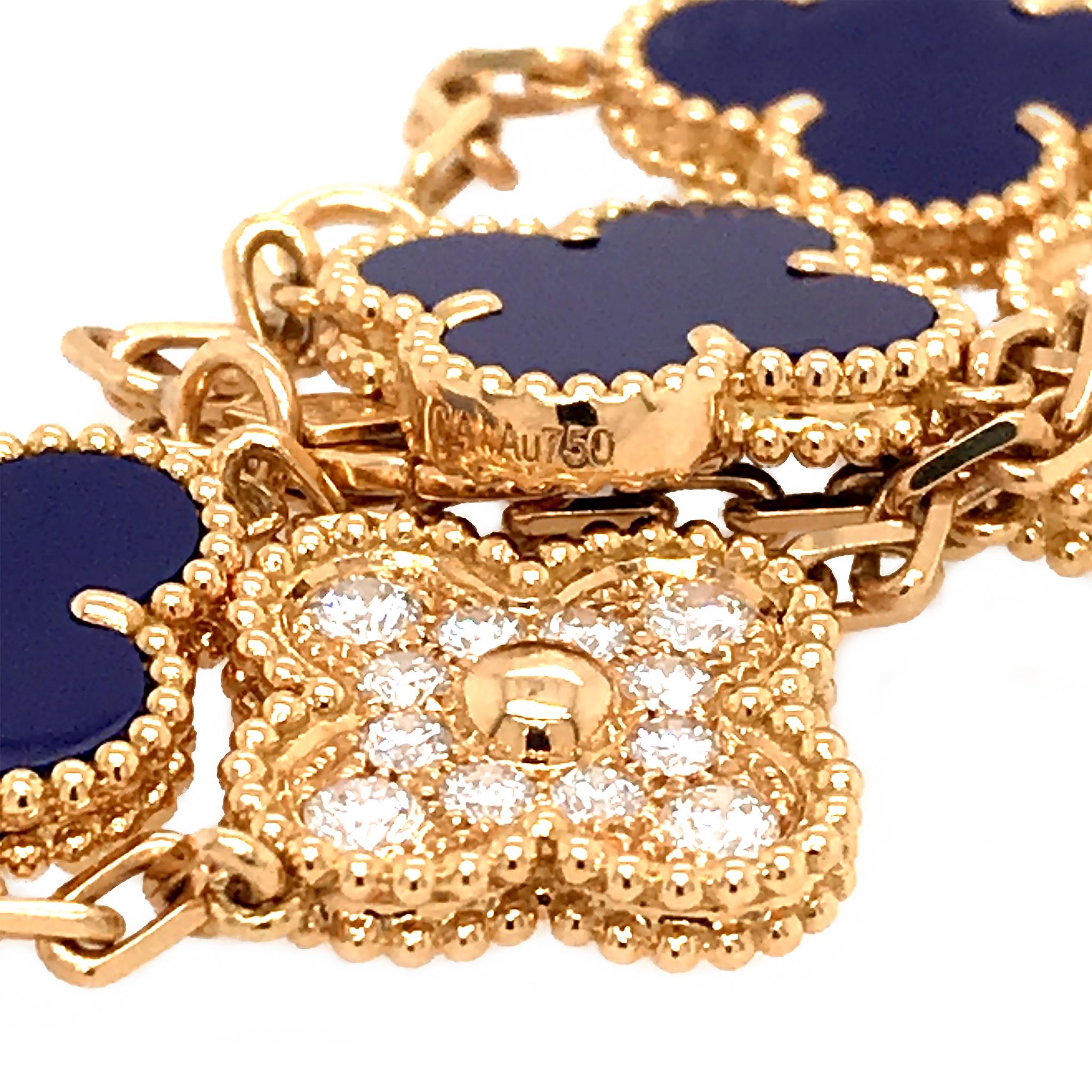 VCA 50th Anniversary Lapis Lazuli and Diamond 5 Motif Vintage Alhambra Bracelet