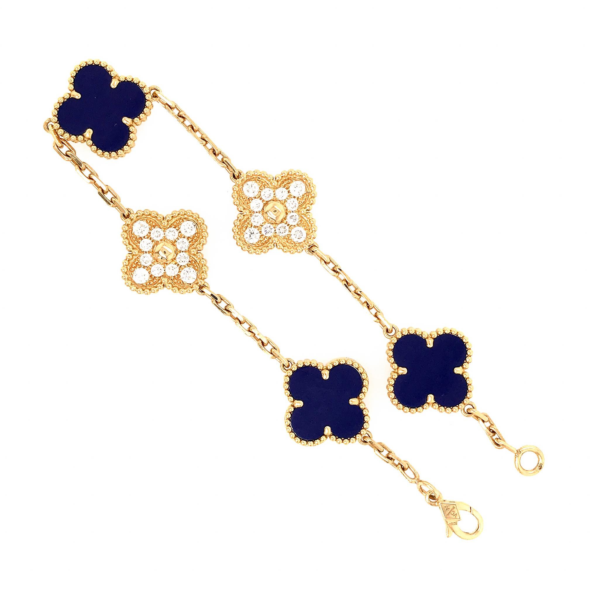 VCA 50th Anniversary Lapis Lazuli and Diamond 5 Motif Vintage Alhambra Bracelet In Excellent Condition In New York, NY