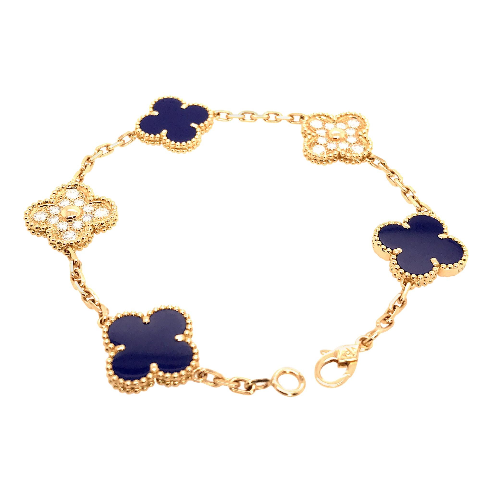 VCA 50th Anniversary Lapis Lazuli and Diamond 5 Motif Vintage Alhambra Bracelet