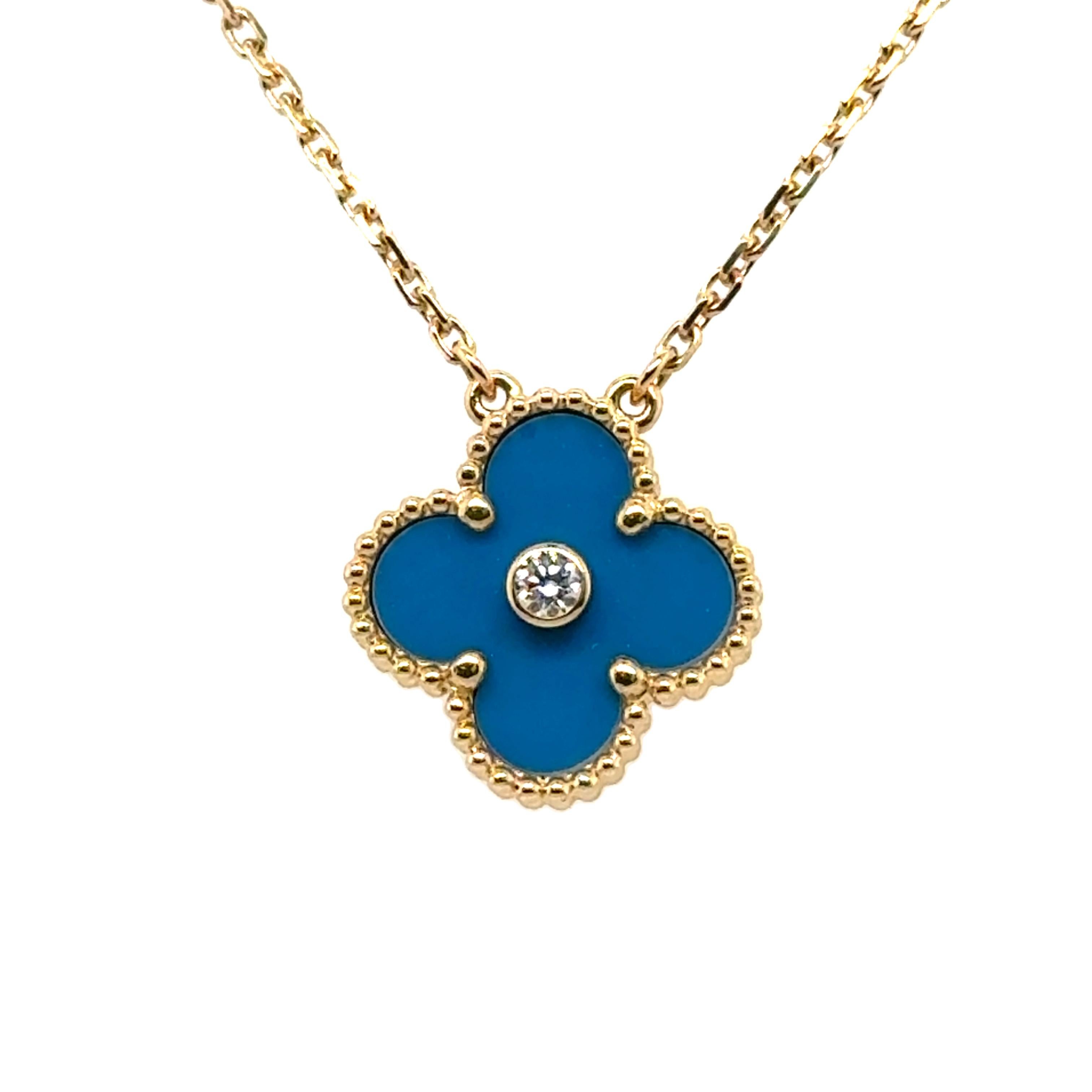 The VCA Blue Porcelaine & Diamond 2019 Limited Edition Holiday Alhambra Pendant is a stunning blend of classic charm and modern luxury. It mixes the iconic Alhambra style from Van Cleef & Arpels with the delicate beauty of blue porcelain and a