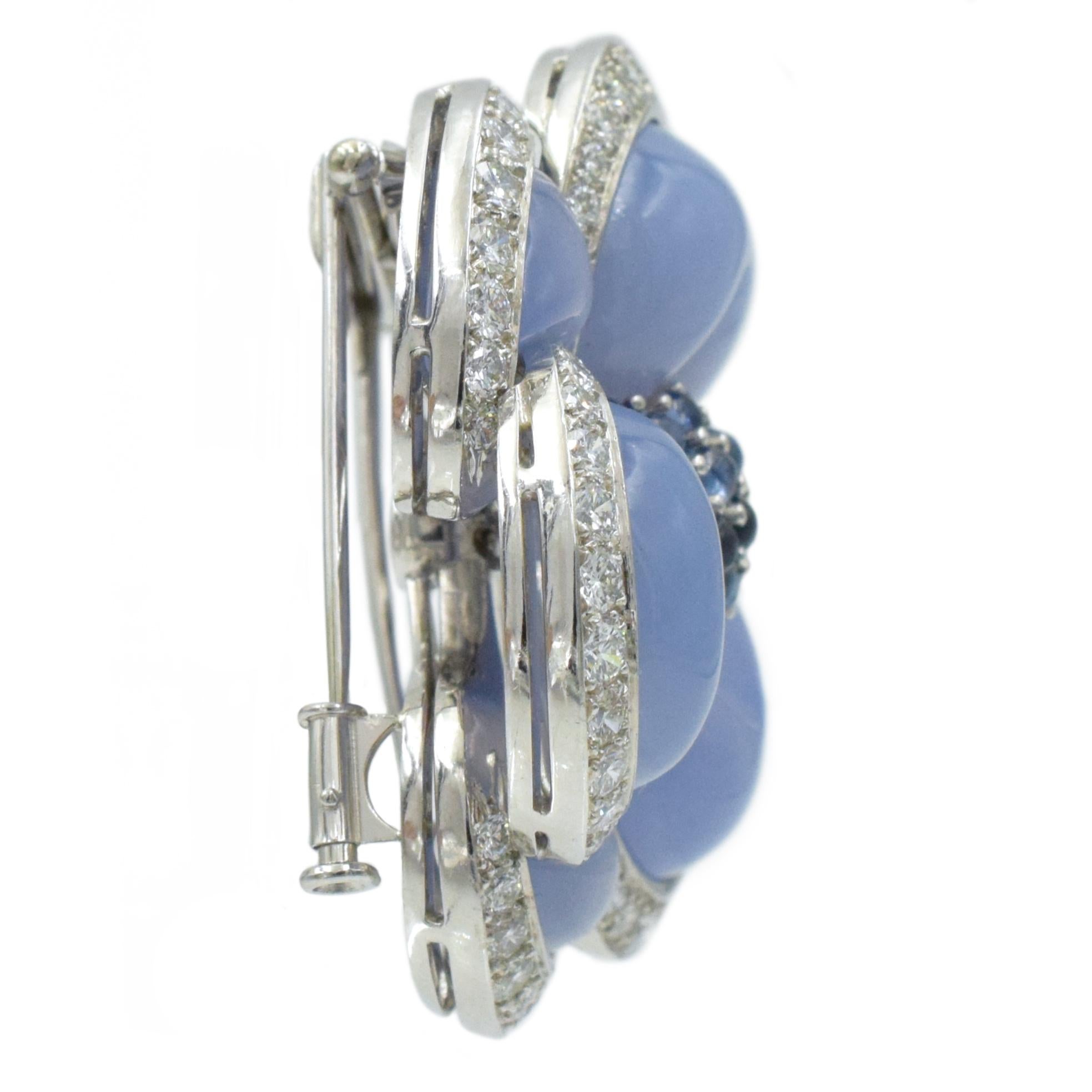 Women's or Men's VCA Chalcedony, Sapphire and Diamond 'Blue Gardenia' Clip Brooches For Sale