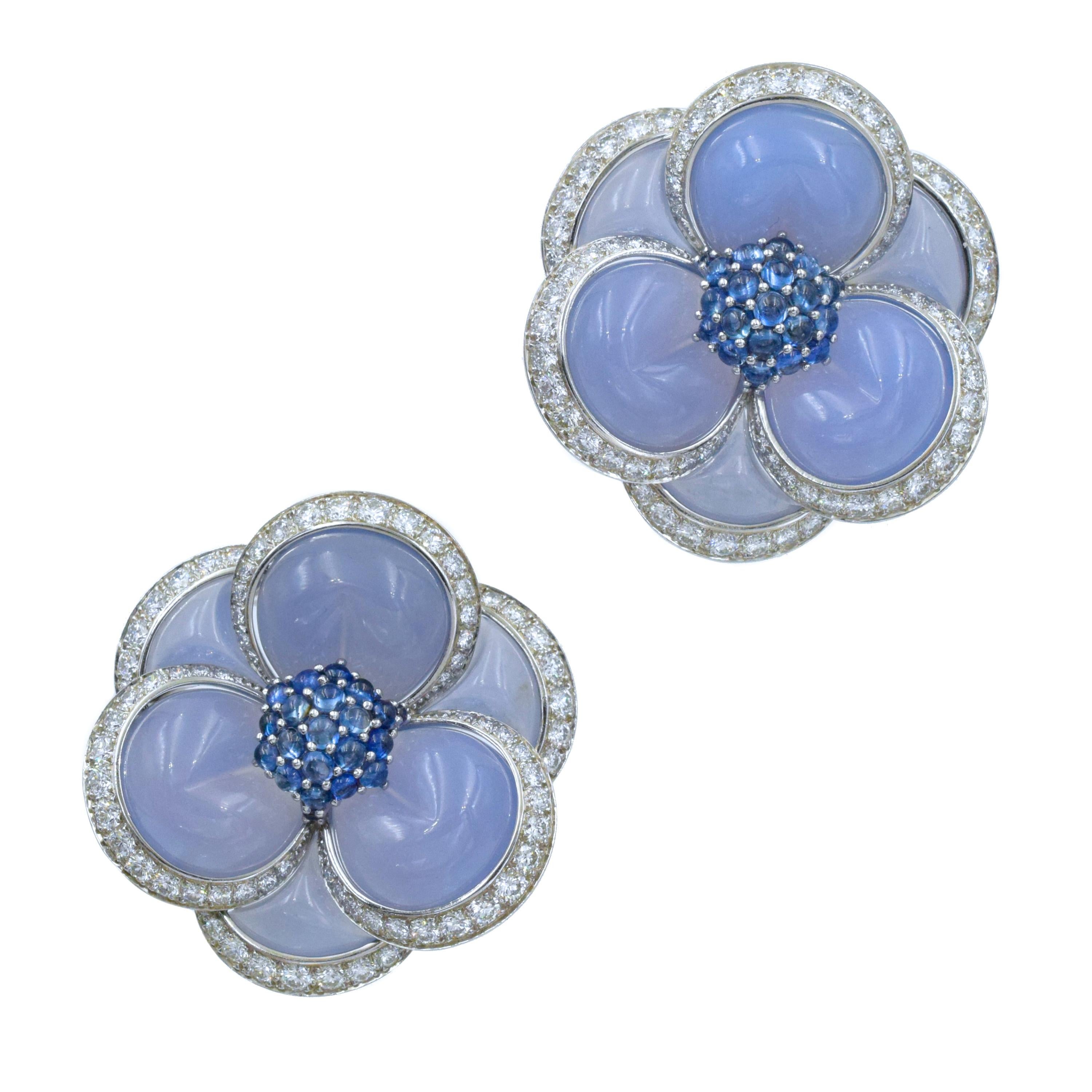 VCA Chalcedony, Sapphire and Diamond 'Blue Gardenia' Clip Brooches For Sale