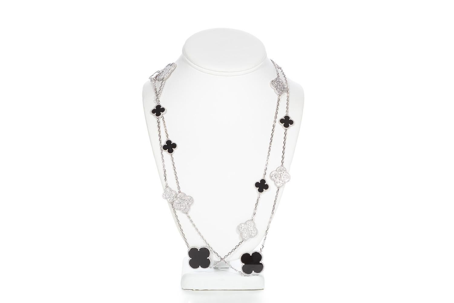 Round Cut VCA Fifth Avenue Edition Magic Alhambra 16 Motif Necklace 18k Diamond Onyx BNP