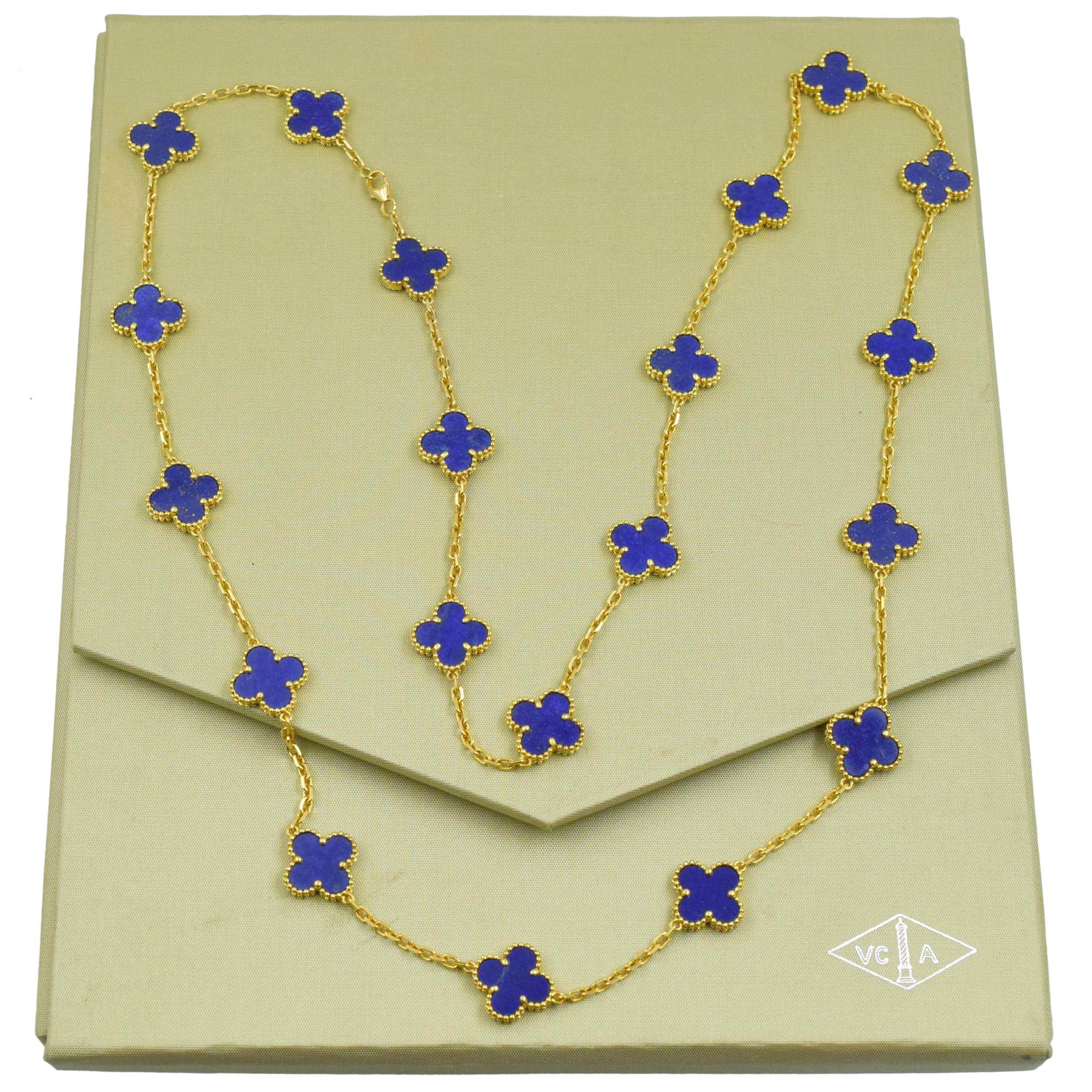 Artist VCA Lapis Lazuli Vintage Alhambra Necklace in 18k yellow gold. For Sale