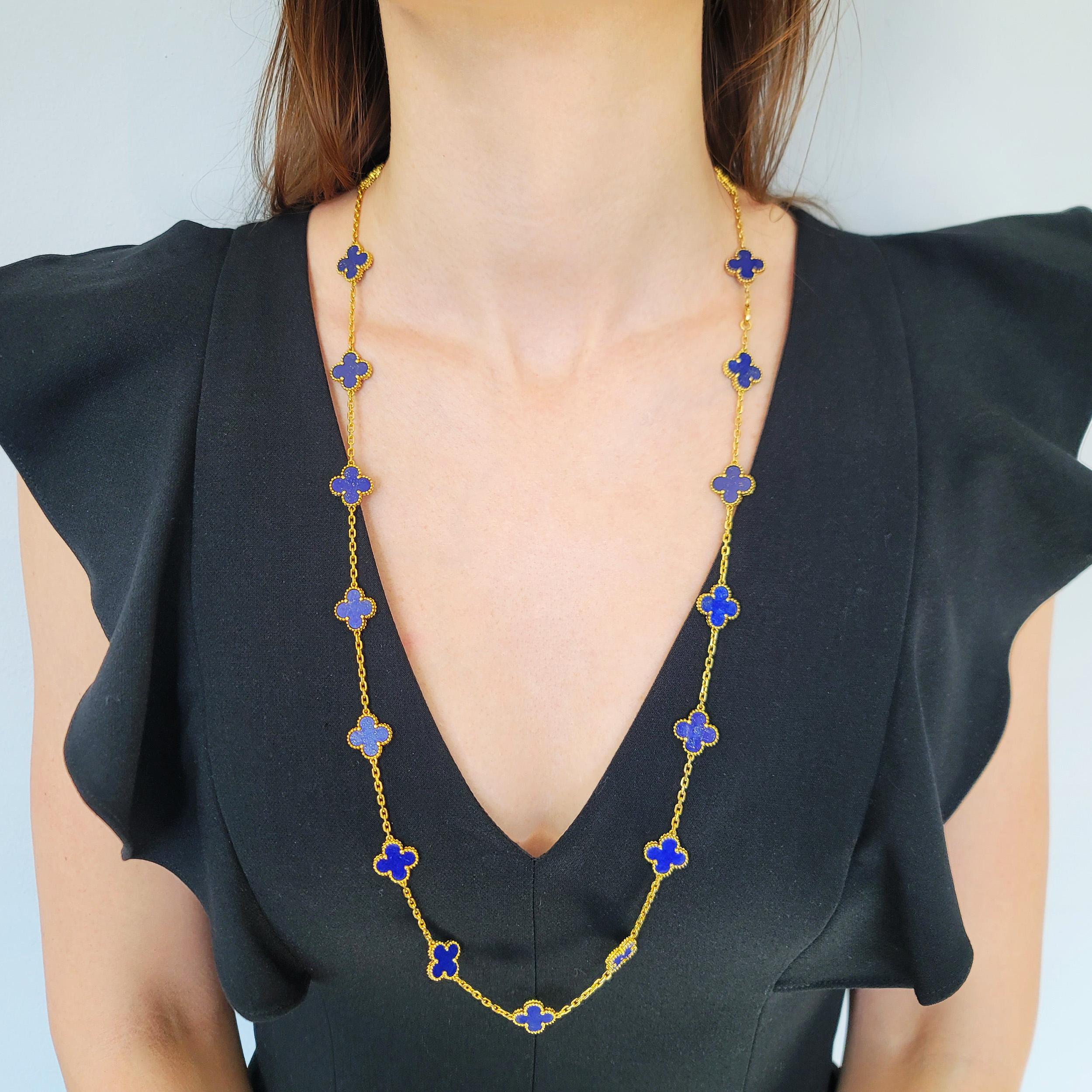 Round Cut VCA Lapis Lazuli Vintage Alhambra Necklace in 18k yellow gold. For Sale