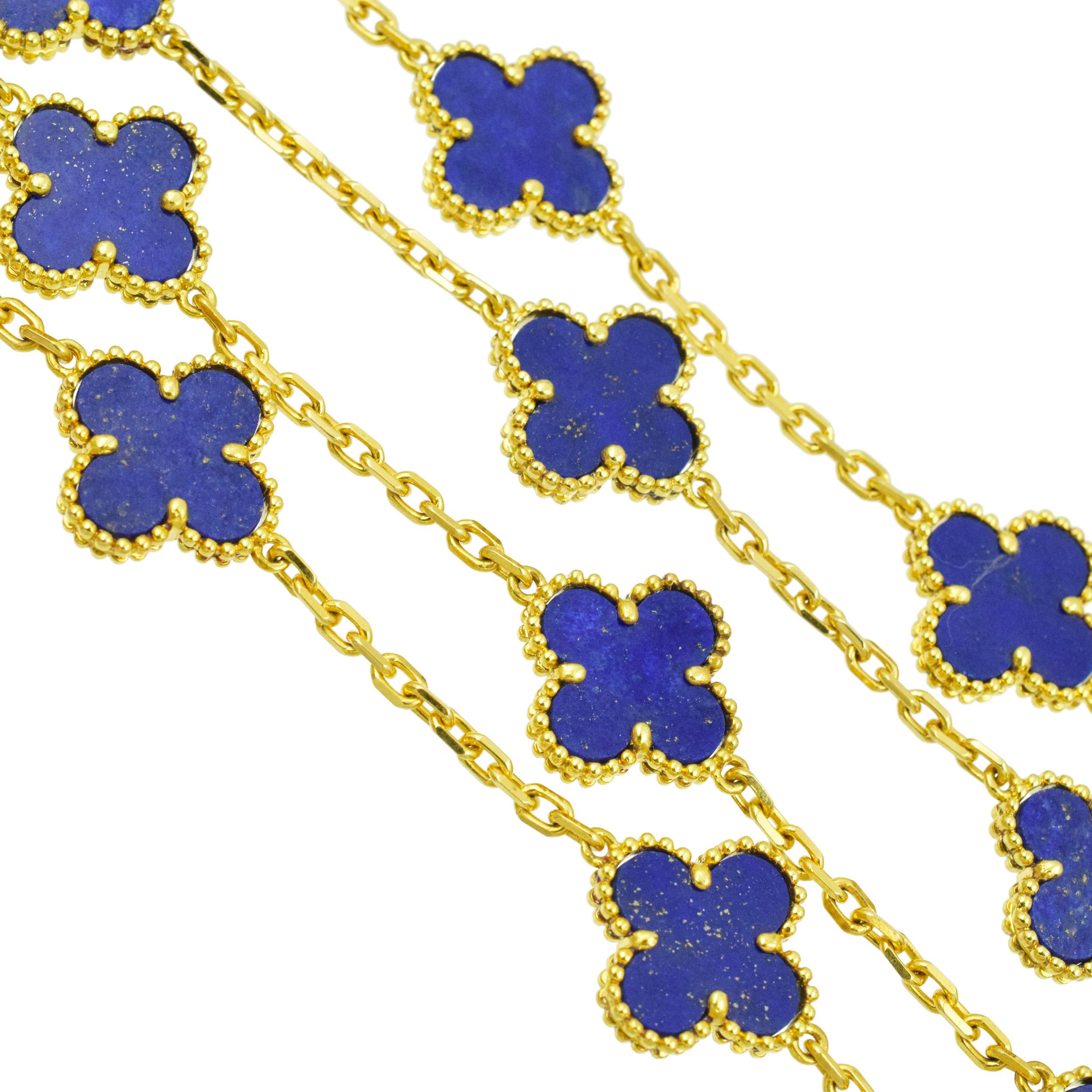 VCA Lapis Lazuli Vintage Alhambra Necklace in 18k yellow gold. In Excellent Condition For Sale In New York, NY