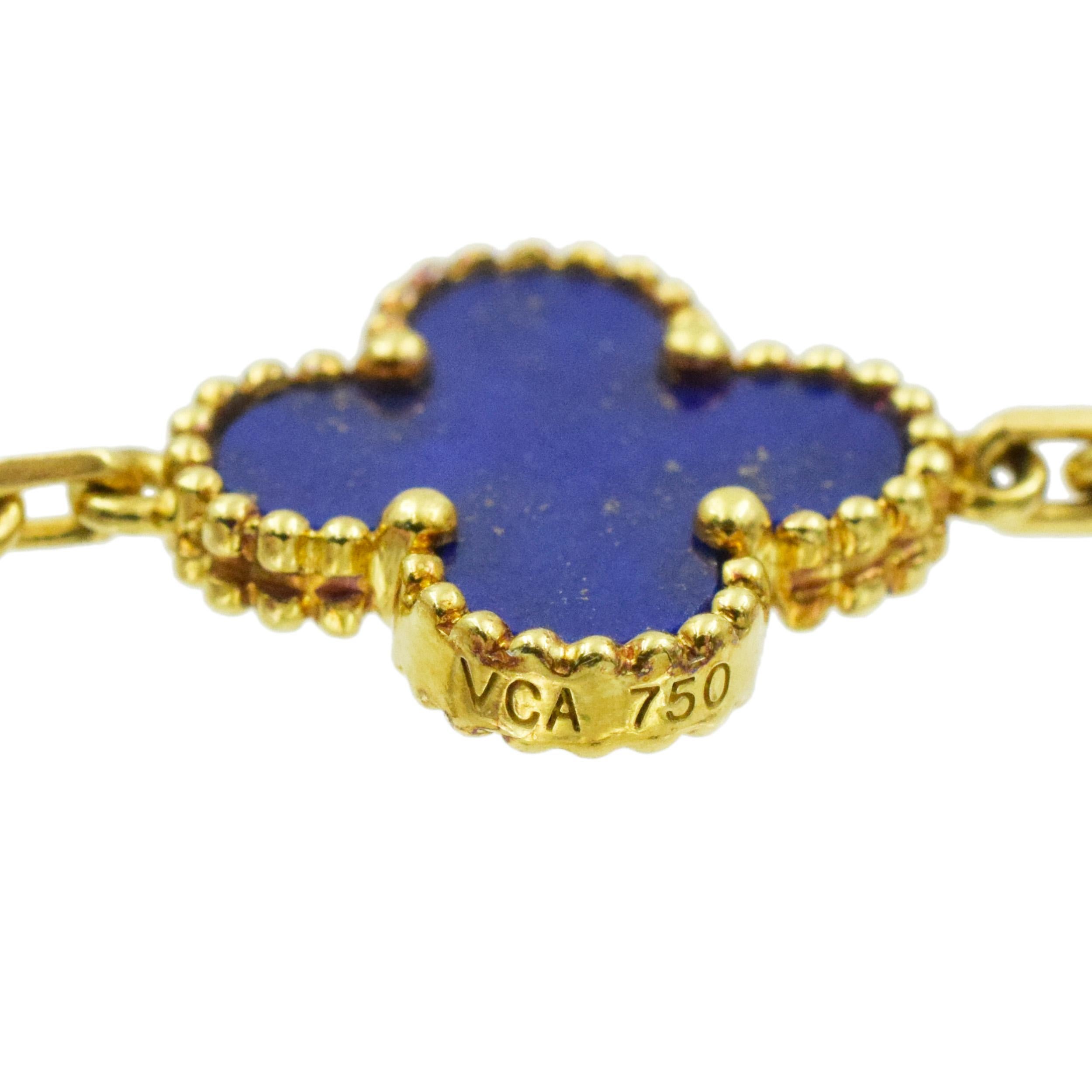 Round Cut VCA Lapis Lazuli Vintage Alhambra Necklace in 18k yellow gold. For Sale