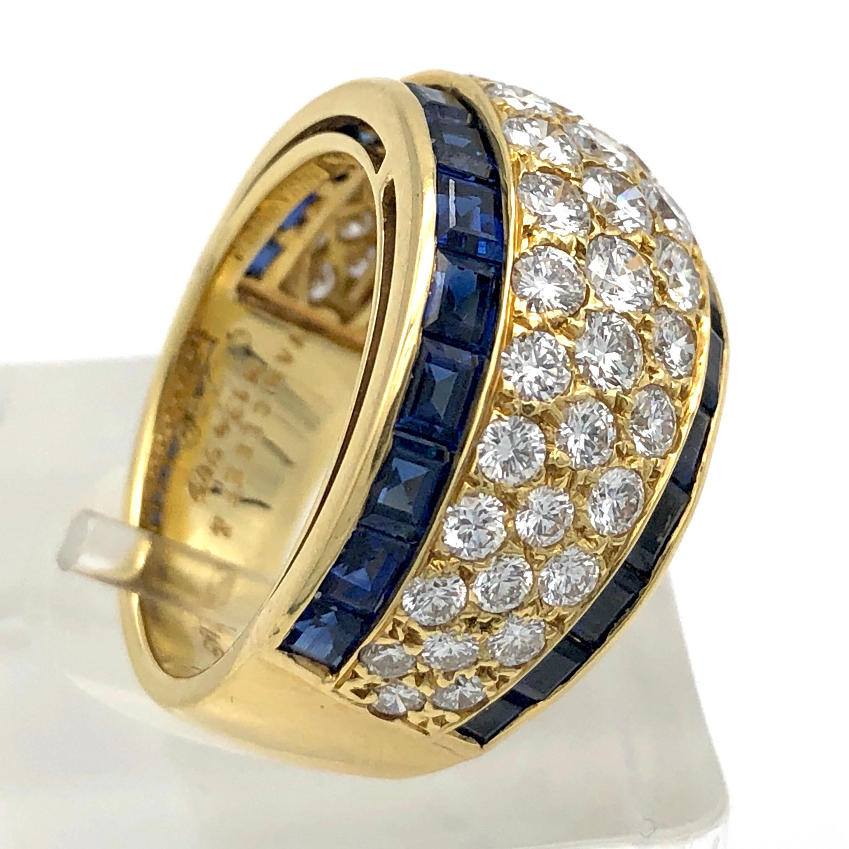 Round Cut 18 Karat VCA Paris Vintage Sapphire Diamond Gold Band Statement Ring
