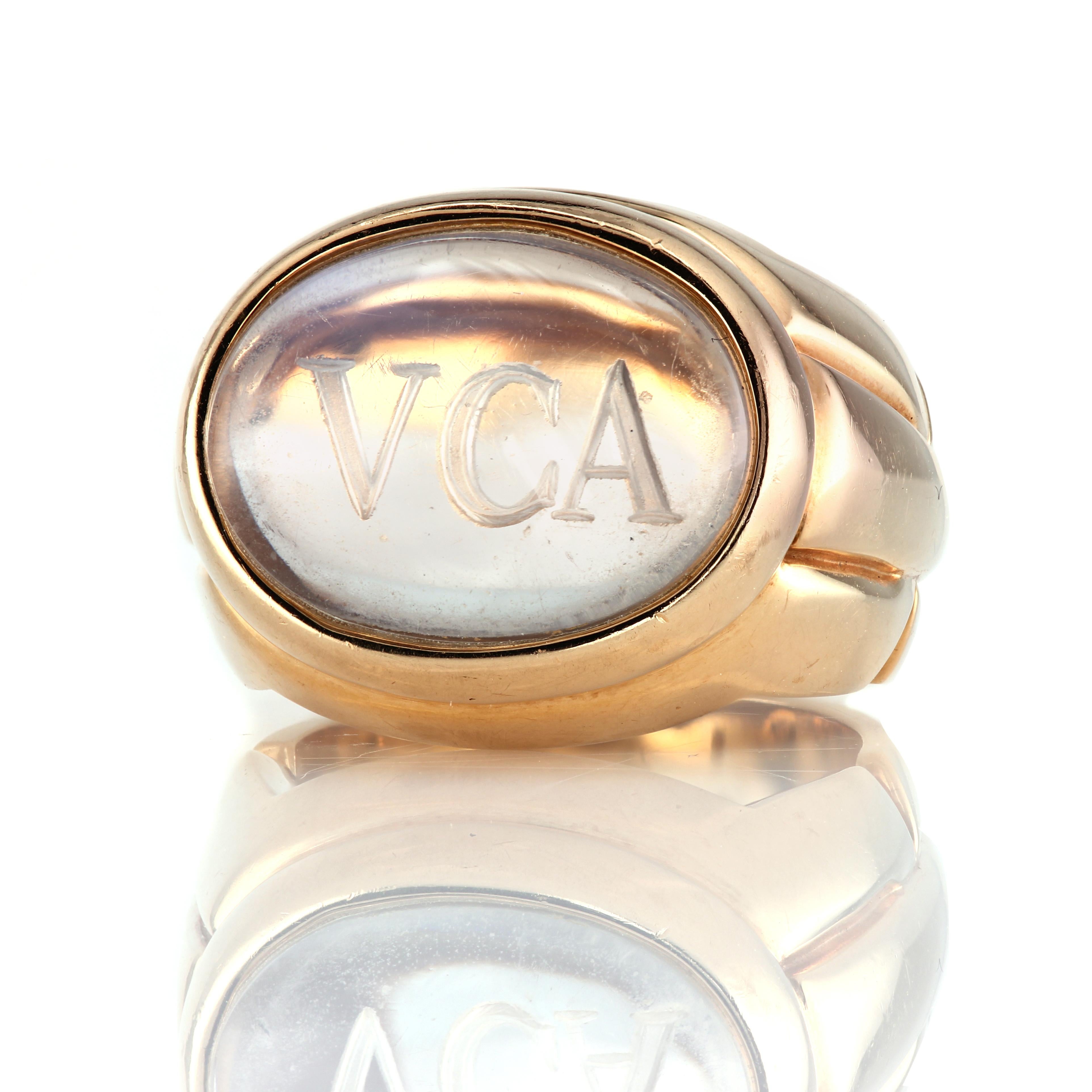 Van Cleef & Arpels 18K gold ring with VCA logo carved on a moonstone
The moonstone measurements:
18.0x15.0x11.4
20.1 g
Size: 6 1/4
Hallmark: VCA 750; serial number NY5K918-1