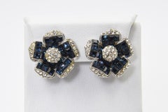 VCA Style Faux Invisibly Set Sapphire Crystal Costume Flower Clip-on Earrings
