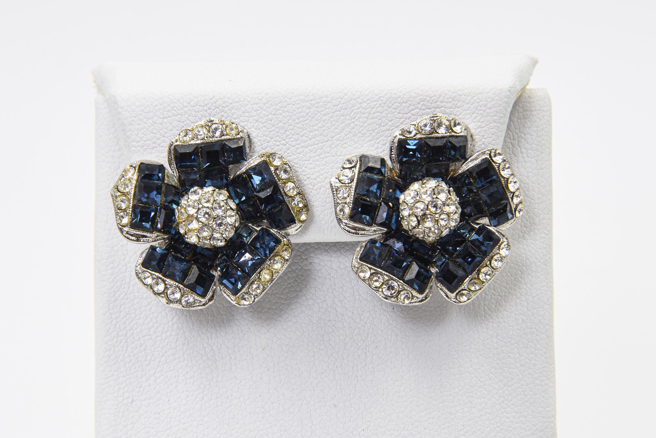 VCA Style Faux Invisibly Set Sapphire Crystal Costume Flower Clip-on Earrings For Sale