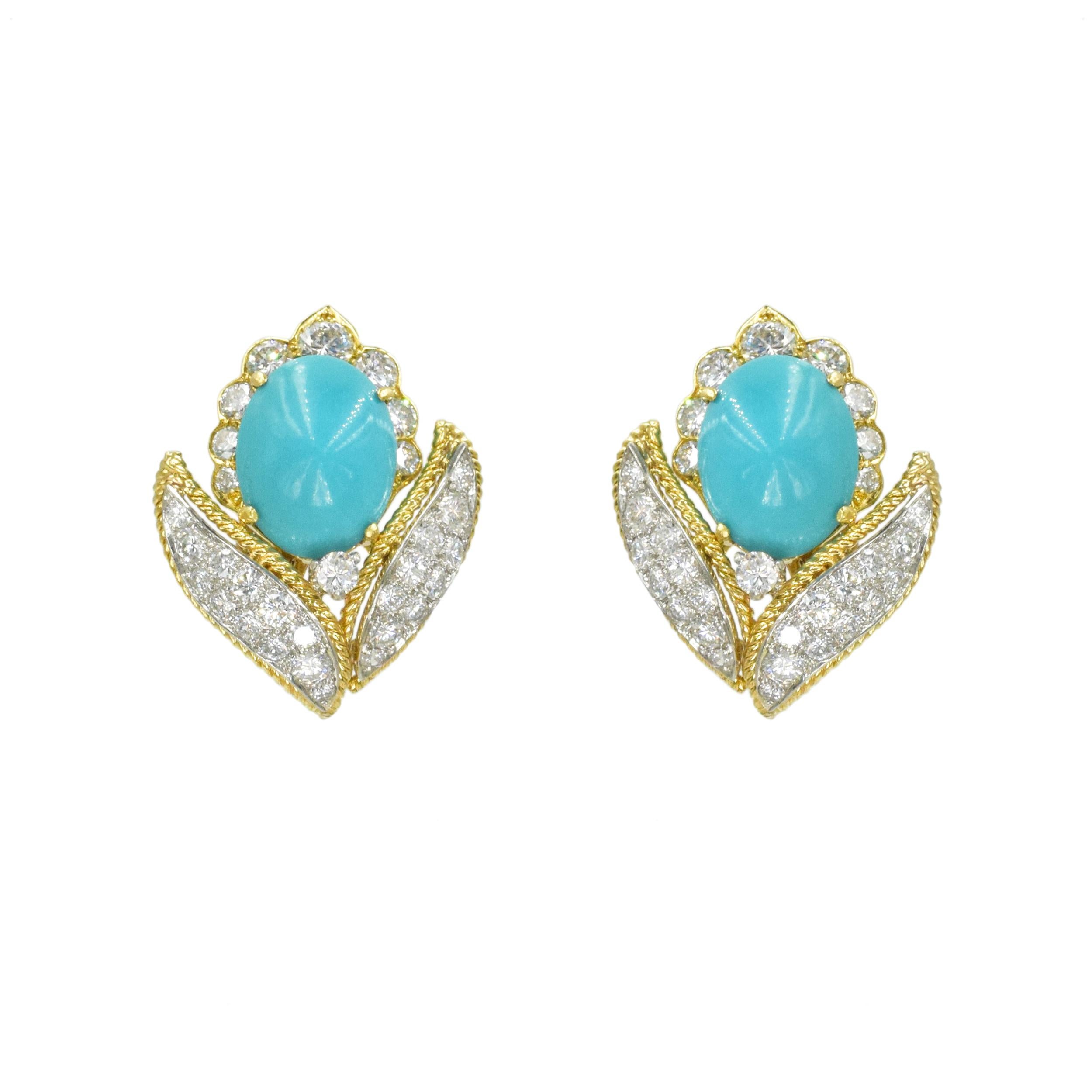 VCA Turquoise and Diamond Earrings Mounted In 18k Yellow Gold And White Gold. Circa 1965. These earclips consist of two oval turquiose cabachos (13mm x 10mm), accented with leaf motif, encrusted with 62 round brilliant cut diamonds with total weight