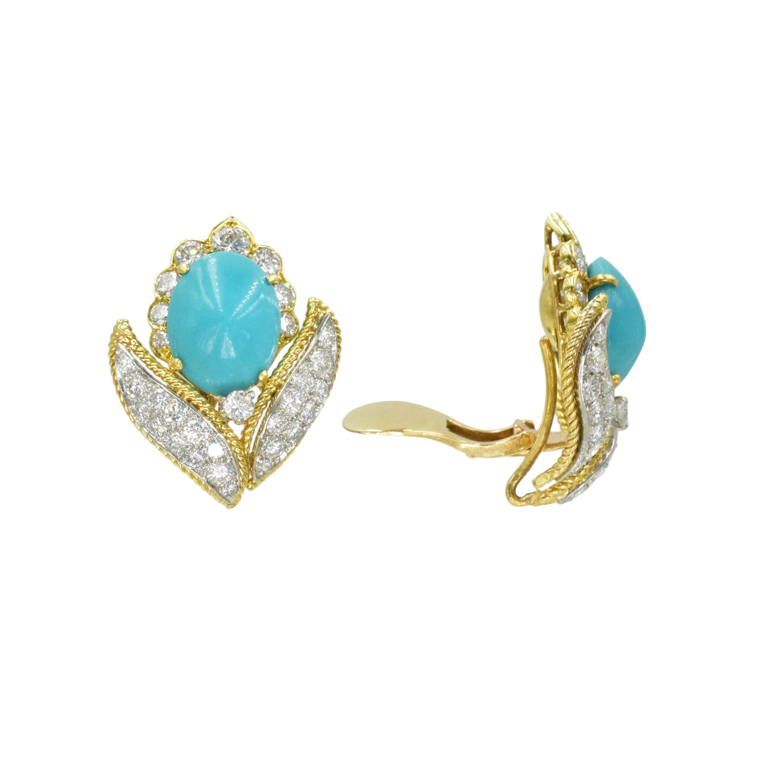 VCA Turquoise and Diamond Earrings In Excellent Condition In New York, NY