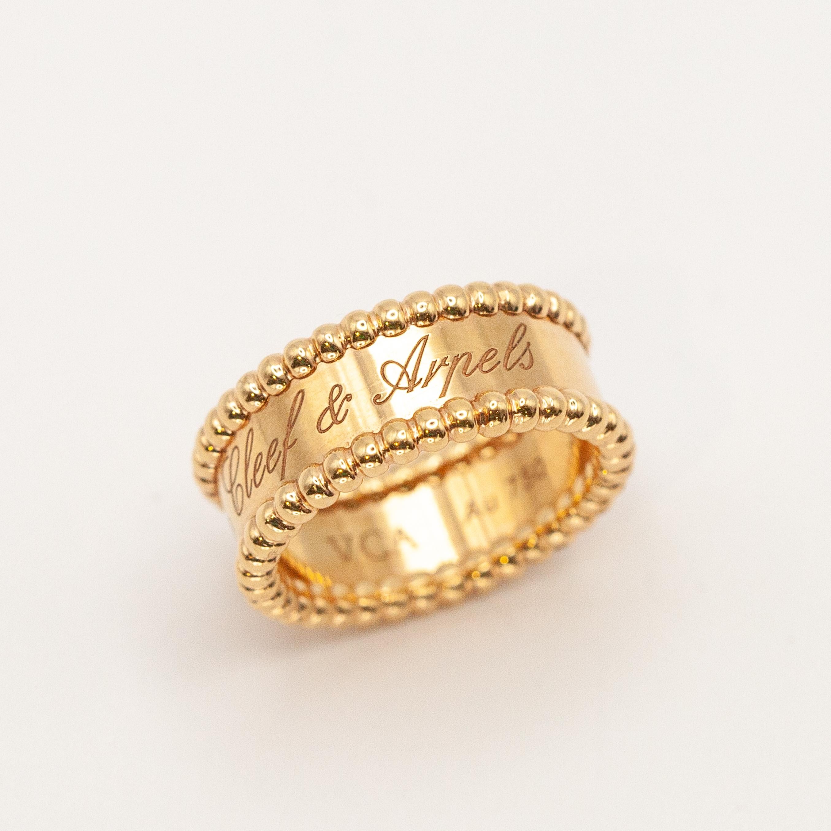 Van Cleef & Arpels Perlée 18K rose gold band ring 8mm wide with beaded rims “Van Cleef & Arpels” engraved on band

Ring Size: 50 (US-5.5)
Approx Retail $2680

Total Approximate Weight: 8.0 grams

Hallmarks: VCA, Au750
50, serial number

Other: Copy