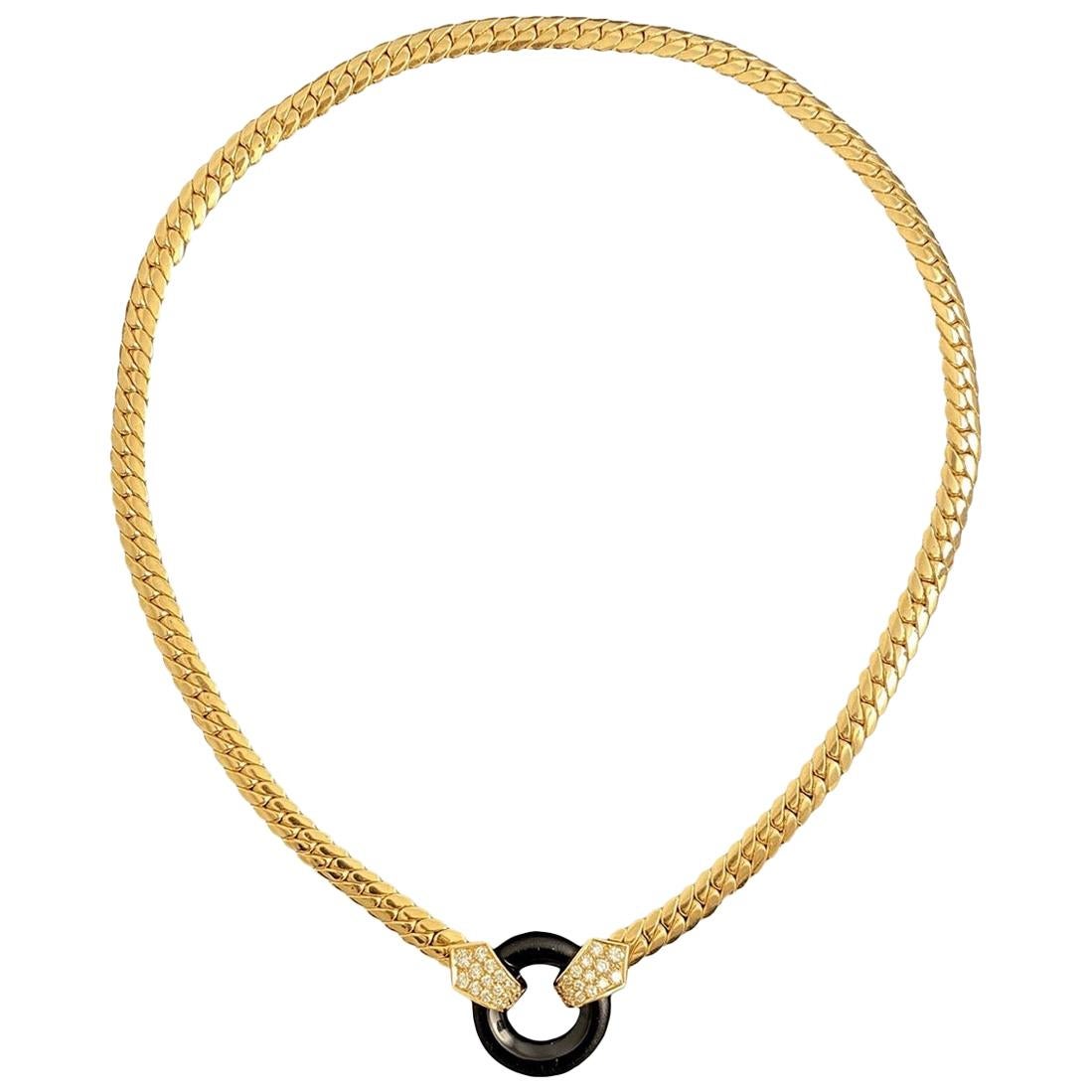 VCA Van Cleef & Arpels Vintage Onyx Diamond Necklace Yellow Gold, French, 1980s