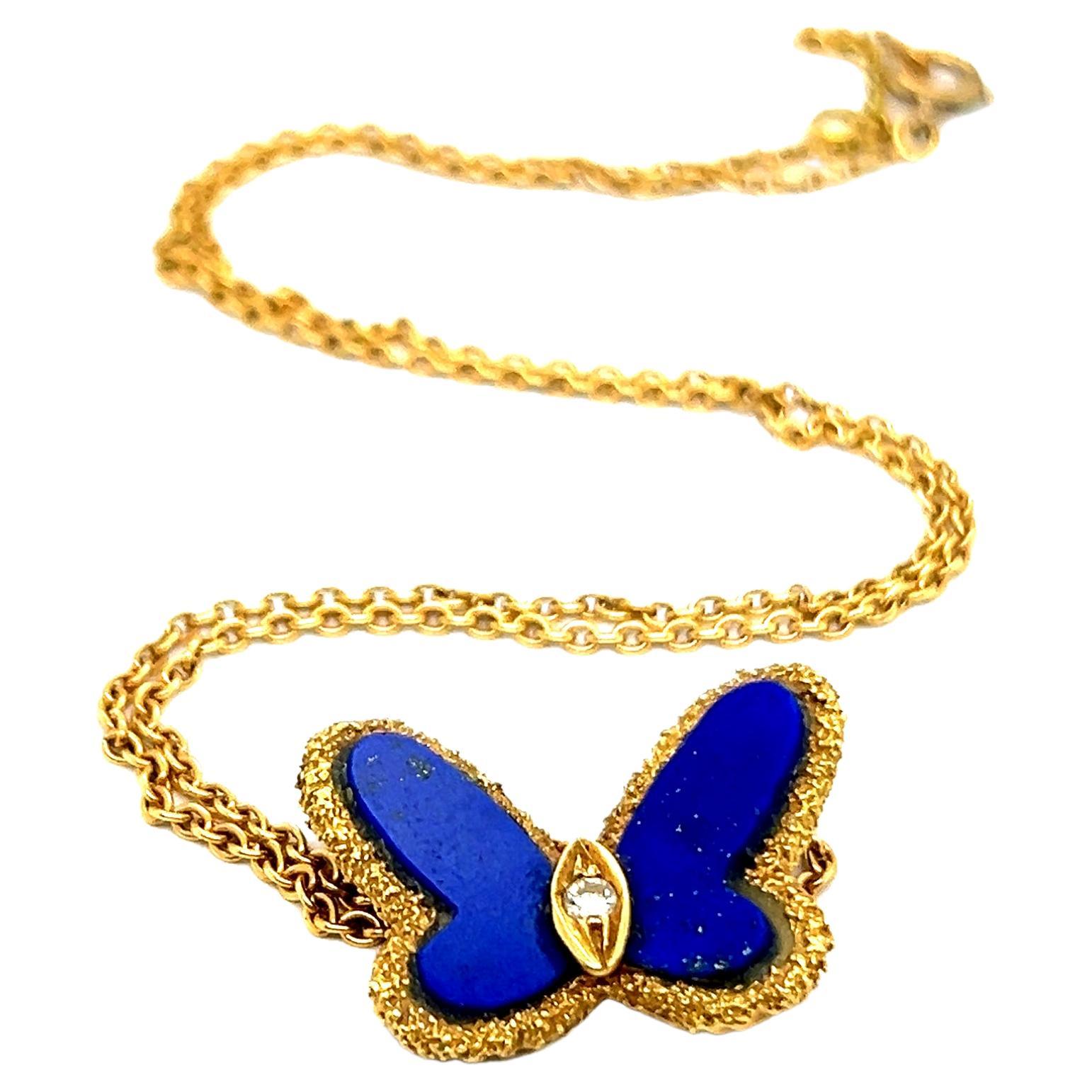 VCA Vintage Alhambra Pendant Necklace with Diamonds & Lapis Lazuli in 18K Gold