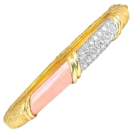 VCA Vintage Coral & Diamond Bangle, 18k Yellow Gold, France, Circa 1970