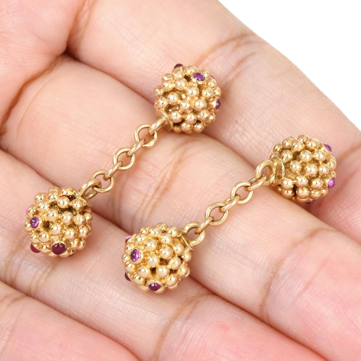 Round Cut VCA Vintage Retro Ruby 14K Yellow Gold Bead Cluster Cufflinks For Sale