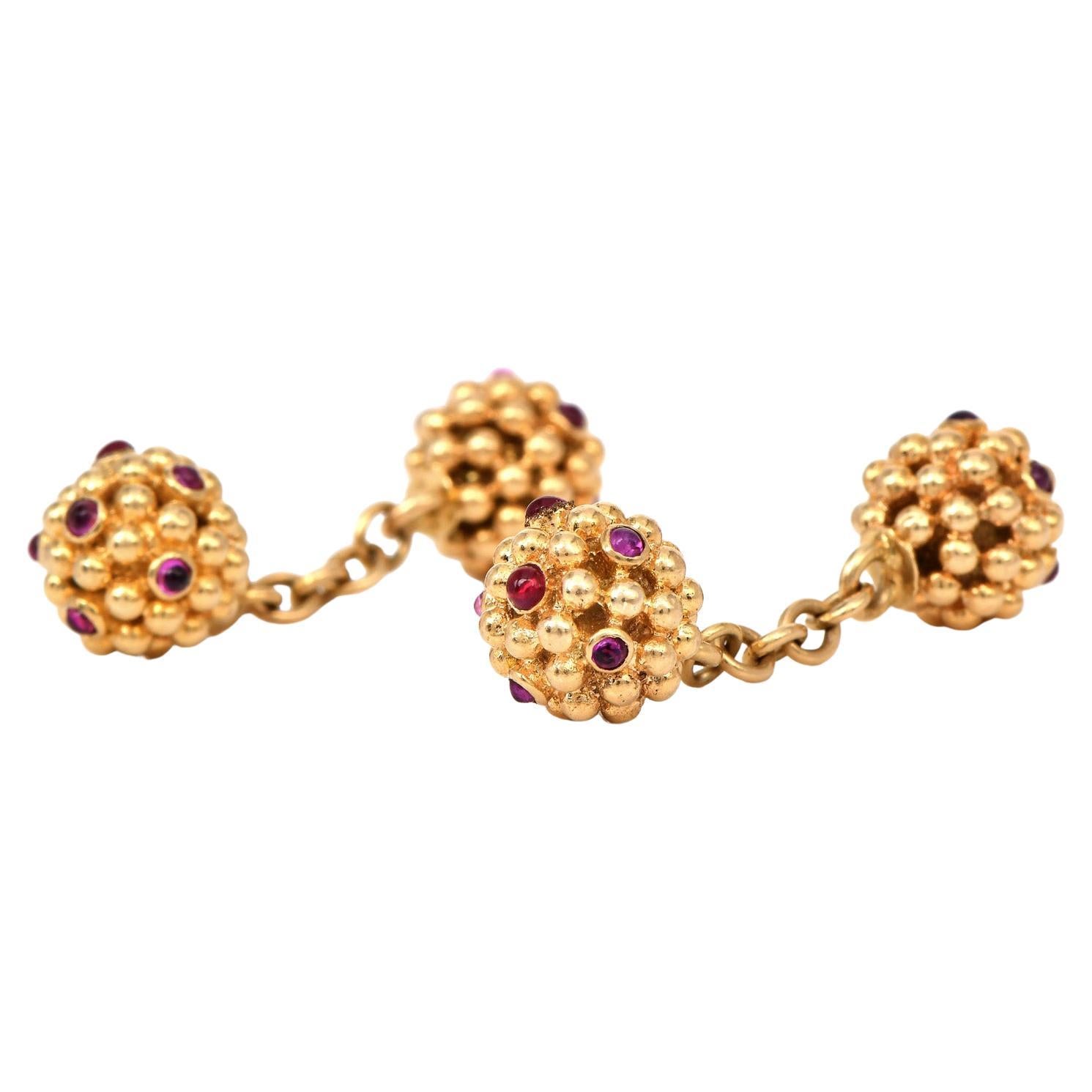 VCA Vintage Retro Ruby 14K Yellow Gold Bead Cluster Cufflinks For Sale