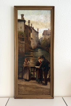 Antike Landschaftsmalerei aus der Venetian School/italienischen Schule von 1913 mit Kanalansicht und Figuren von V. Campiniz